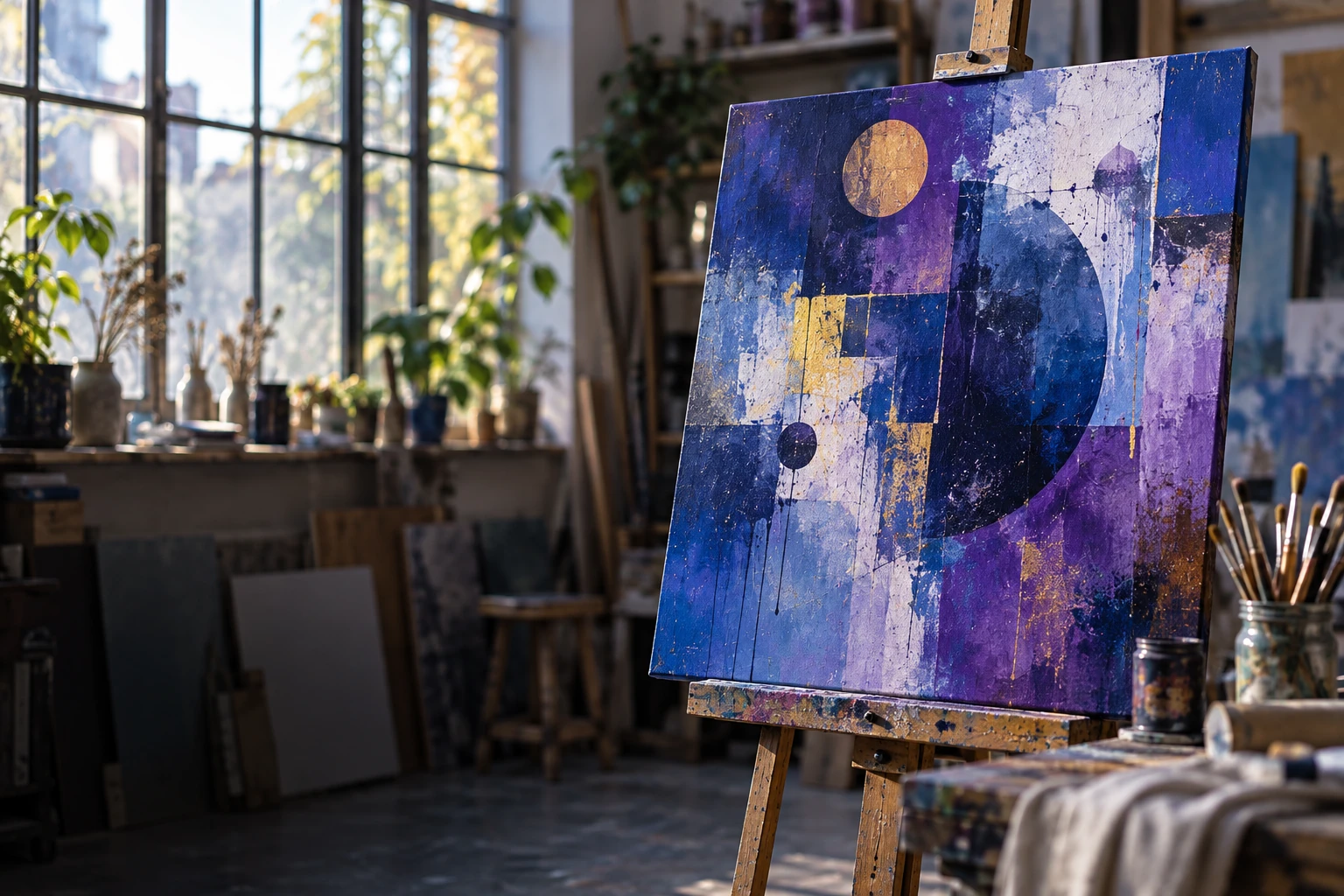 Toile de peinture abstraite colorée sur un chevalet dans un atelier lumineux