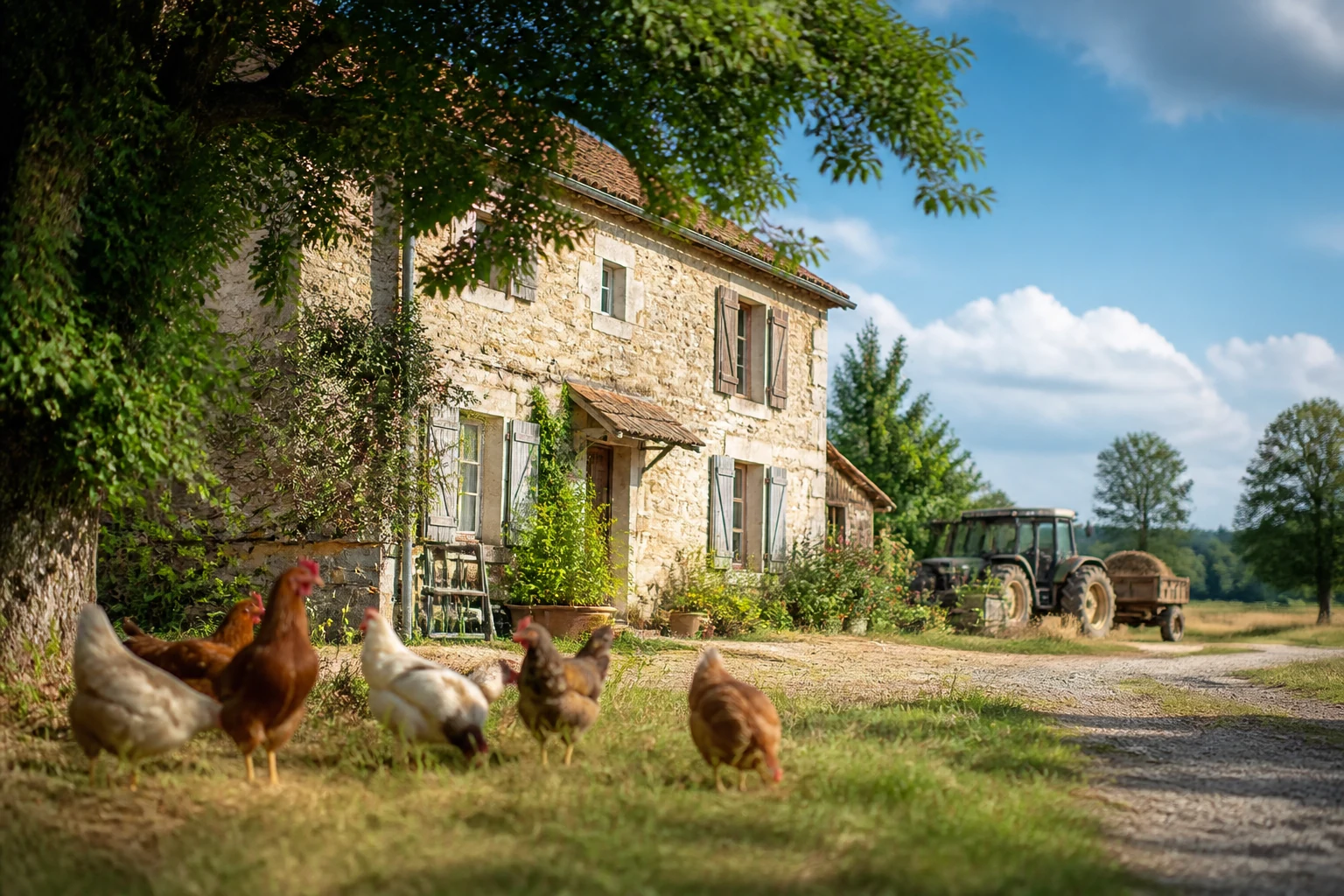 Famille en visite agritourisme dans une ferme au milieu des champs