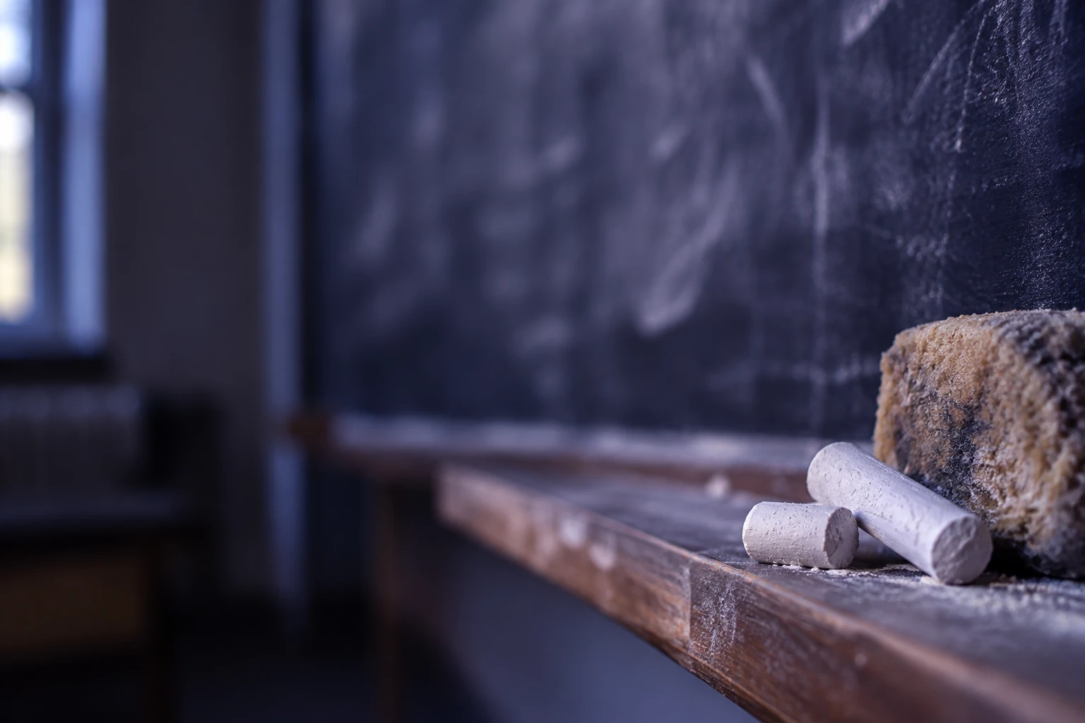Tableau noir couvert de formules, craie et éponge au premier plan dans une salle de classe