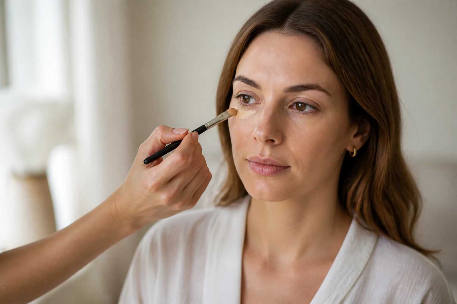 Tube d'anti-cernes correcteur et pinceau posés près du contour de l'oeil