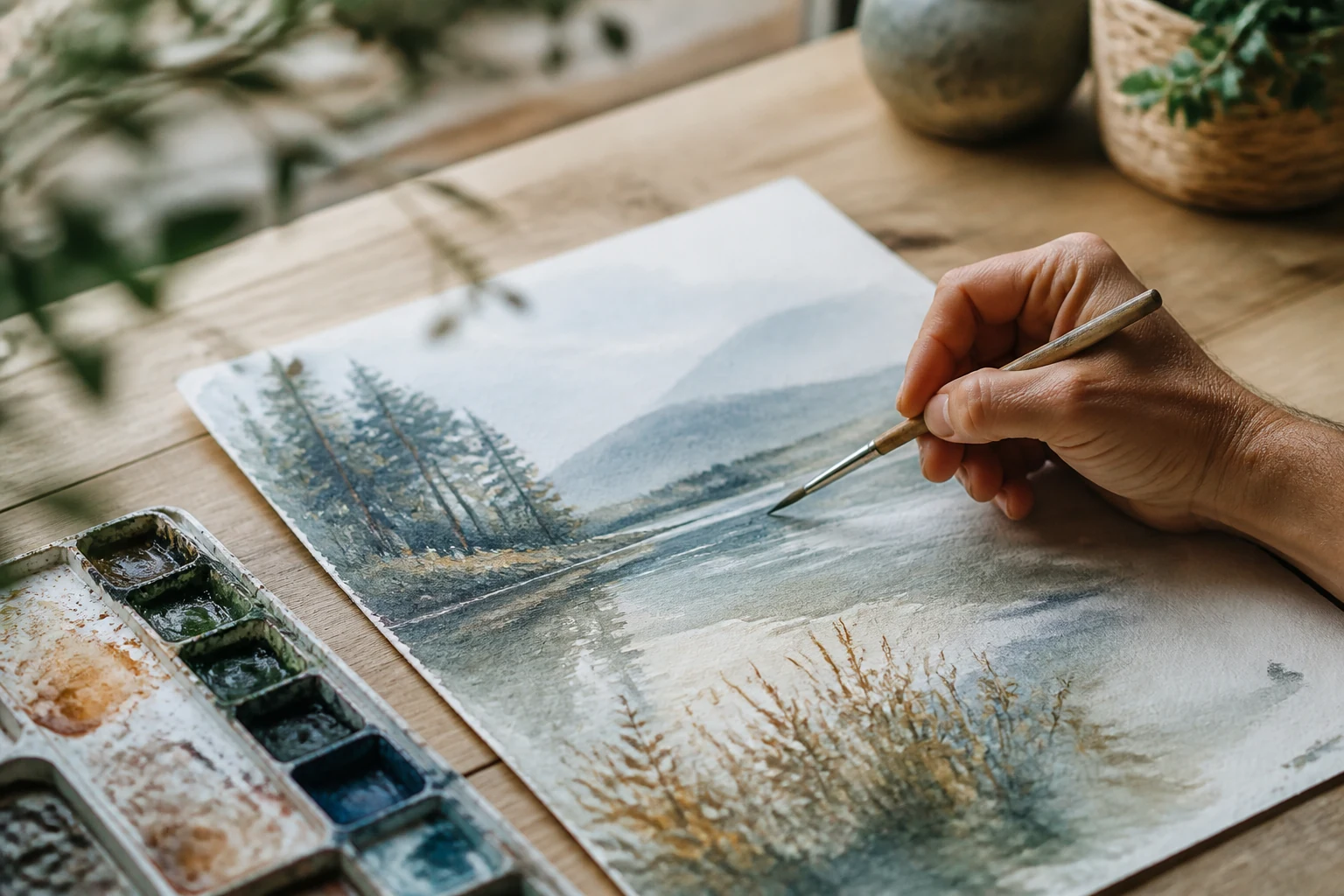 Palette d'aquarelle et pinceau posant un lavis de couleur sur un papier blanc