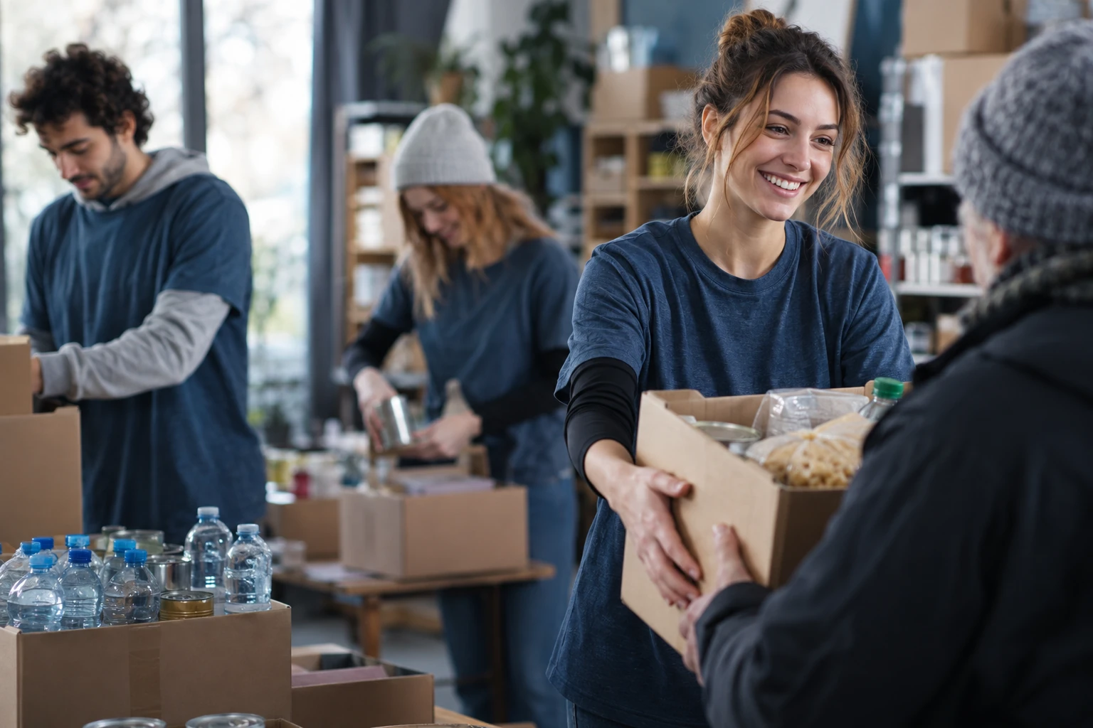 Jeunes volontaires distribuant des colis dans une association