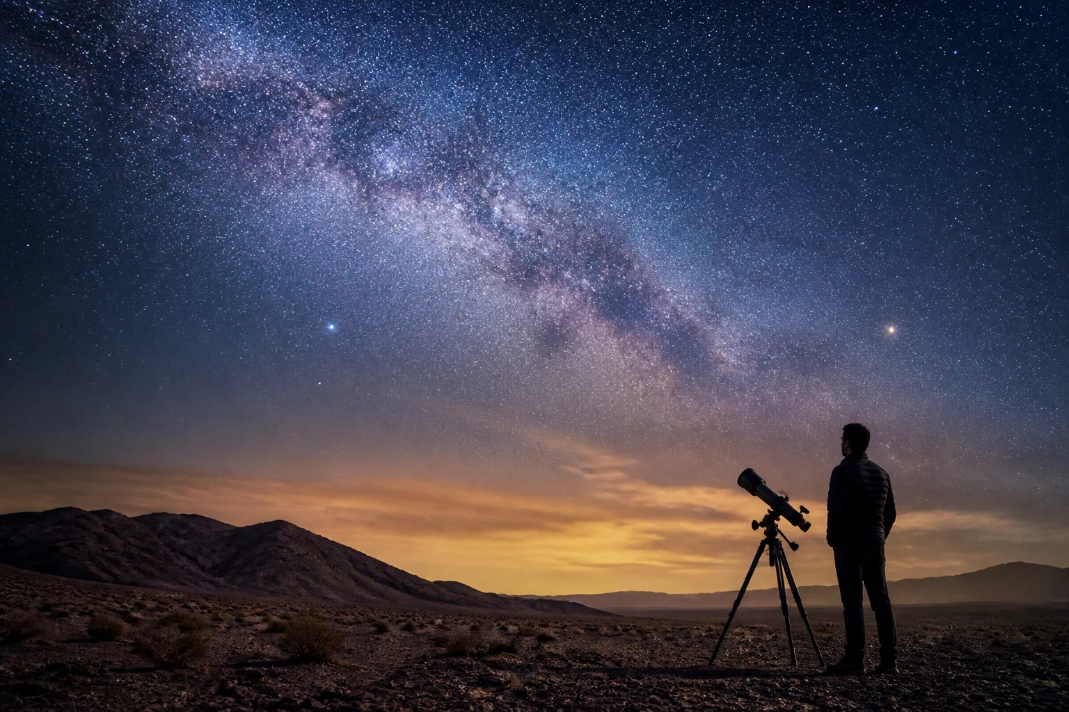 Voyageur pratiquant l'astrotourisme sous un ciel étoilé preserve de la pollution lumineuse