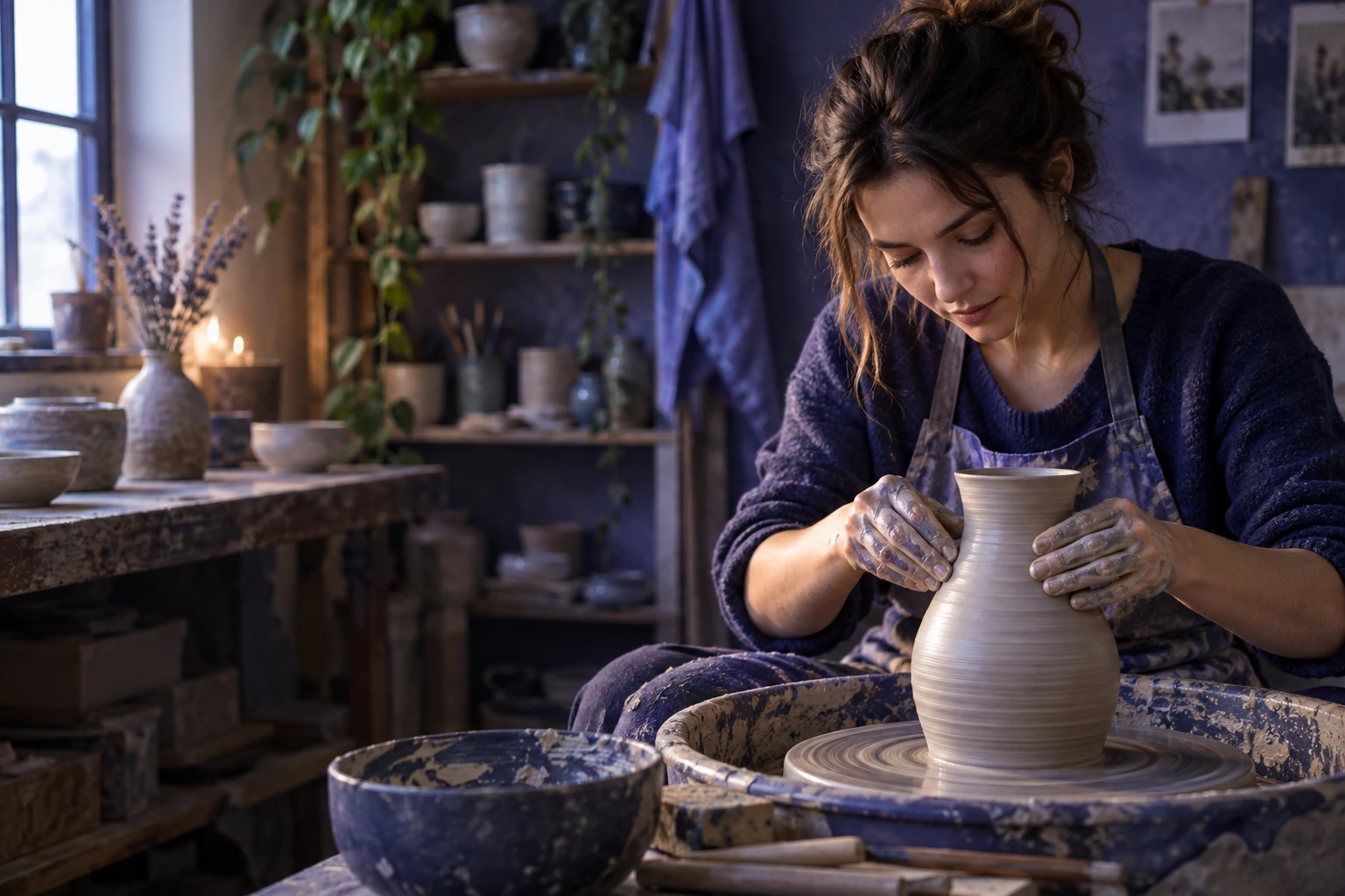 Artisan céramiste façonnant un vase à la main sur un tour, atelier chaleureux