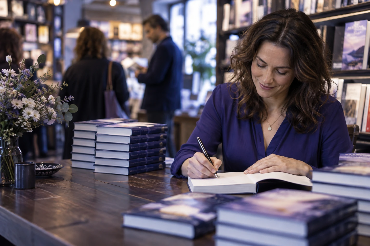 Autrice signant un exemplaire de son livre fraîchement imprimé, piles de livres sur la table, ambiance librairie