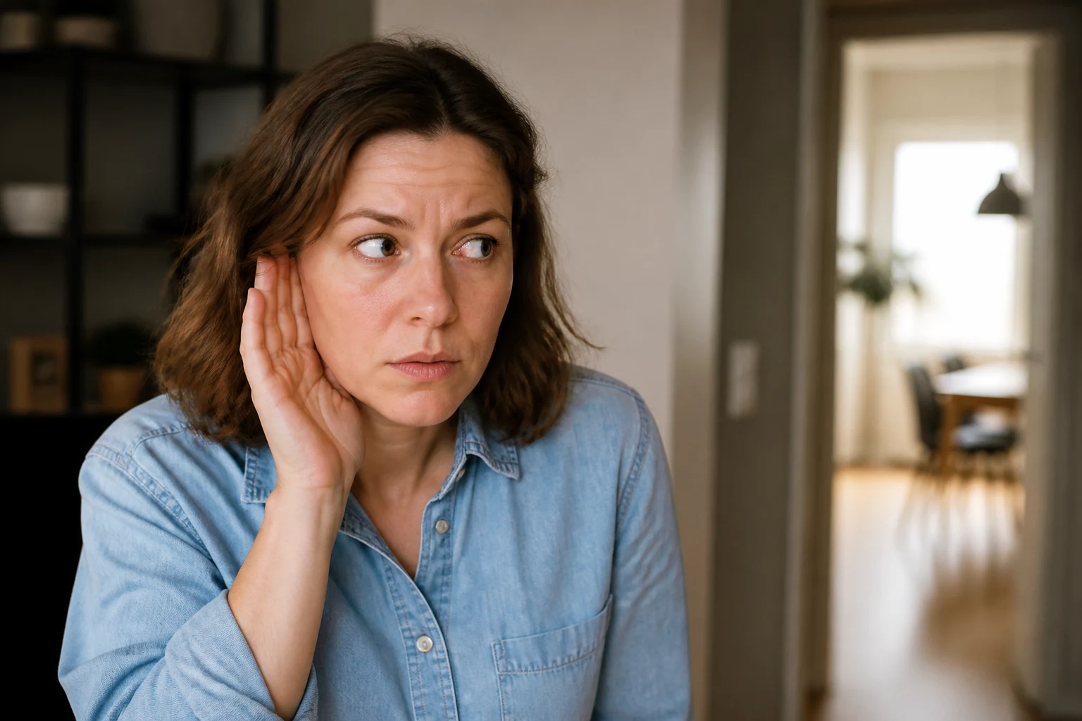 Illustration de l'expression avoir la puce à l'oreille, une personne intriguée qui tend l'oreille