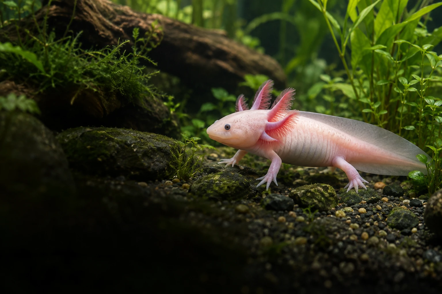 Axolotl rose aux branchies plumeuses dans un aquarium planté