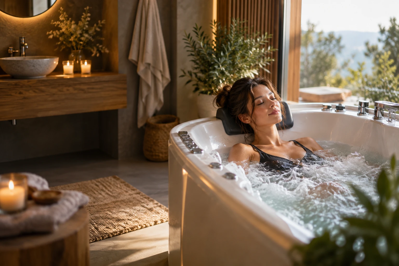 Baignoire balnéo avec jets en action dans une salle de bain moderne