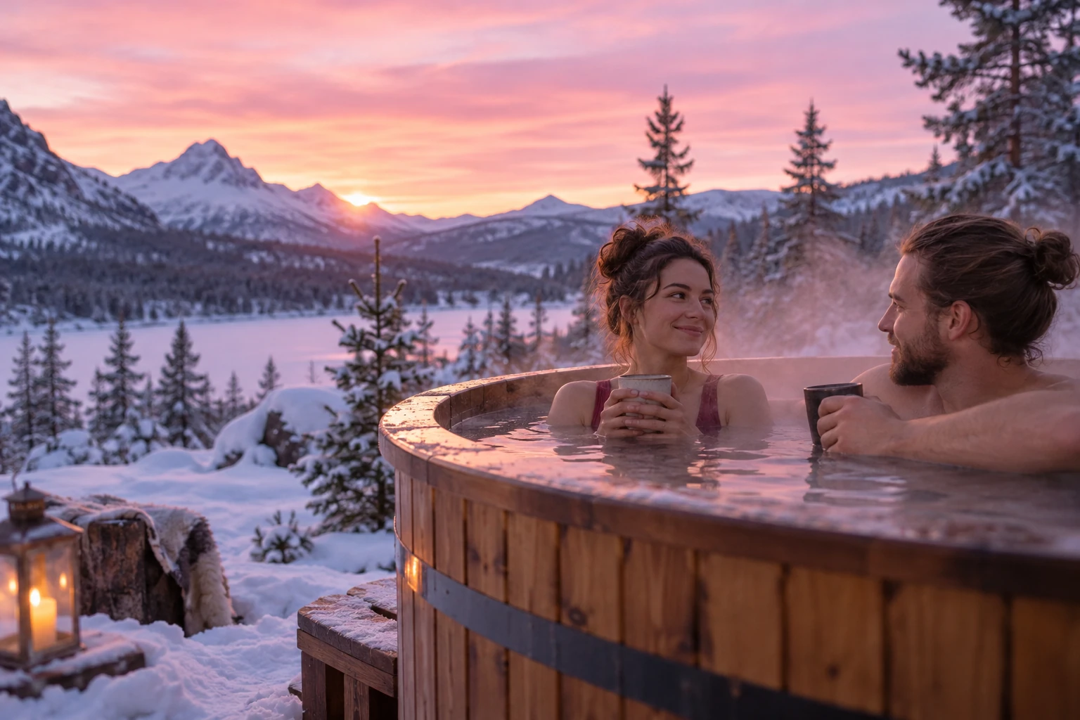 Bain nordique en bois fumant en pleine nature enneigée, deux personnes détendues