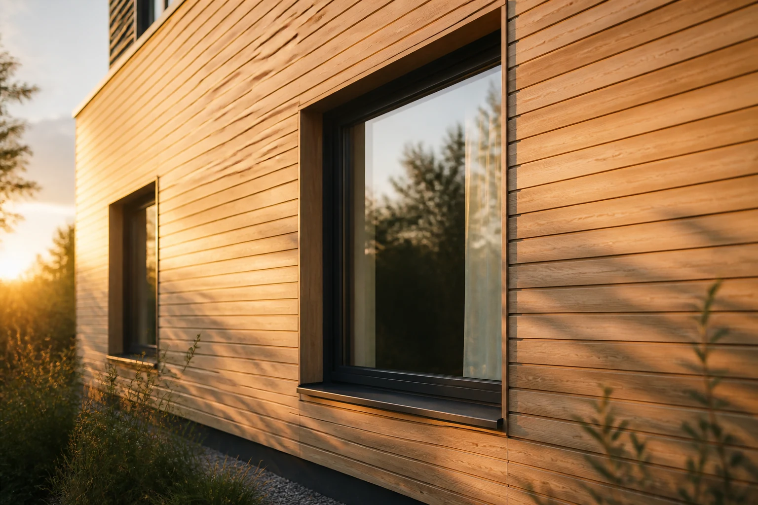Façade de maison recouverte d'un bardage bois extérieur à lames horizontales