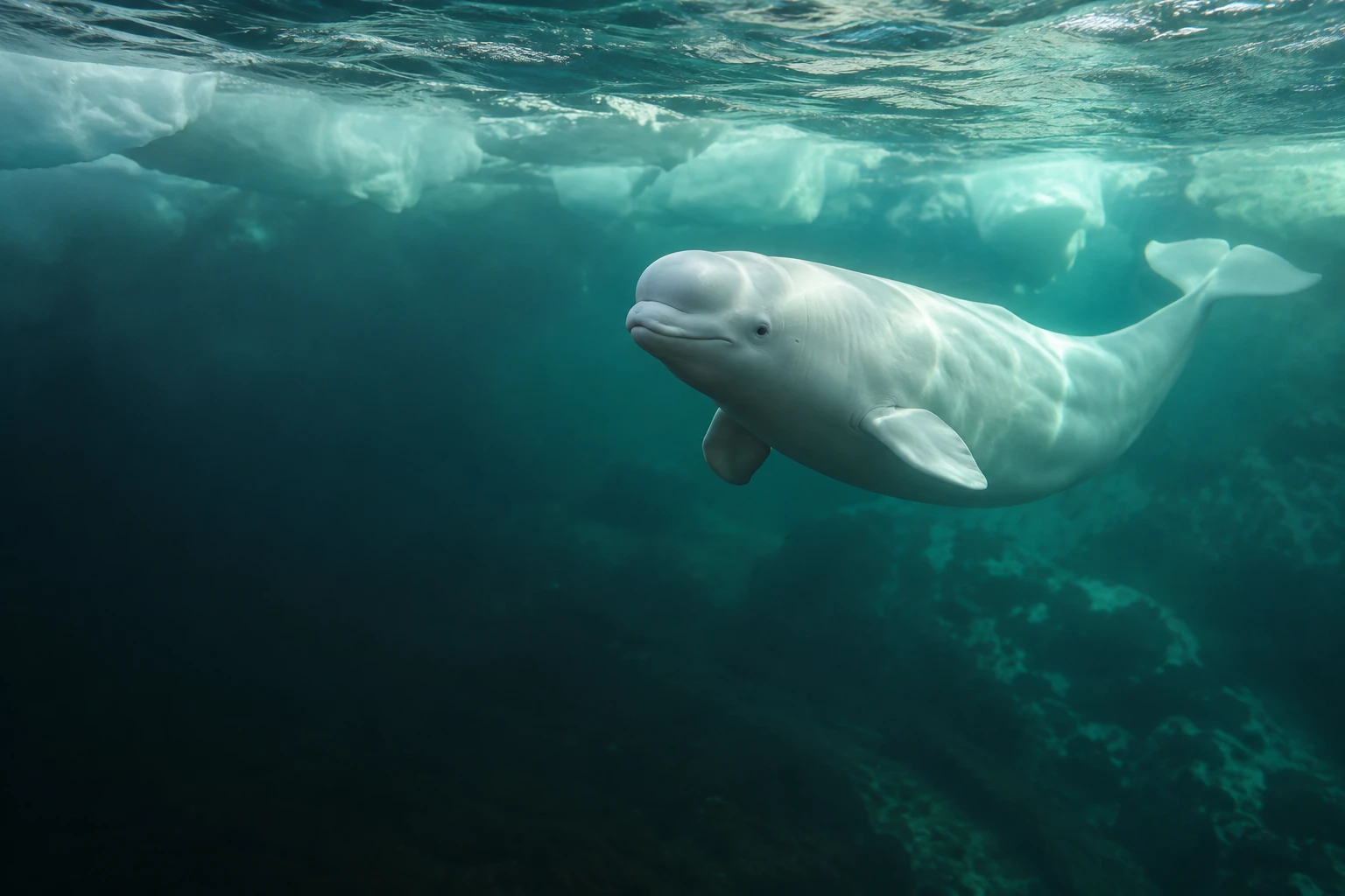 Béluga blanc nageant sous la surface d'une eau arctique