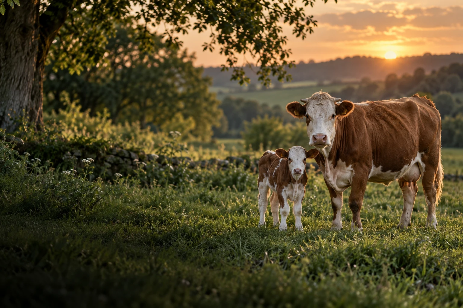 Vache et son veau dans un pâturage verdoyant en fin de journée