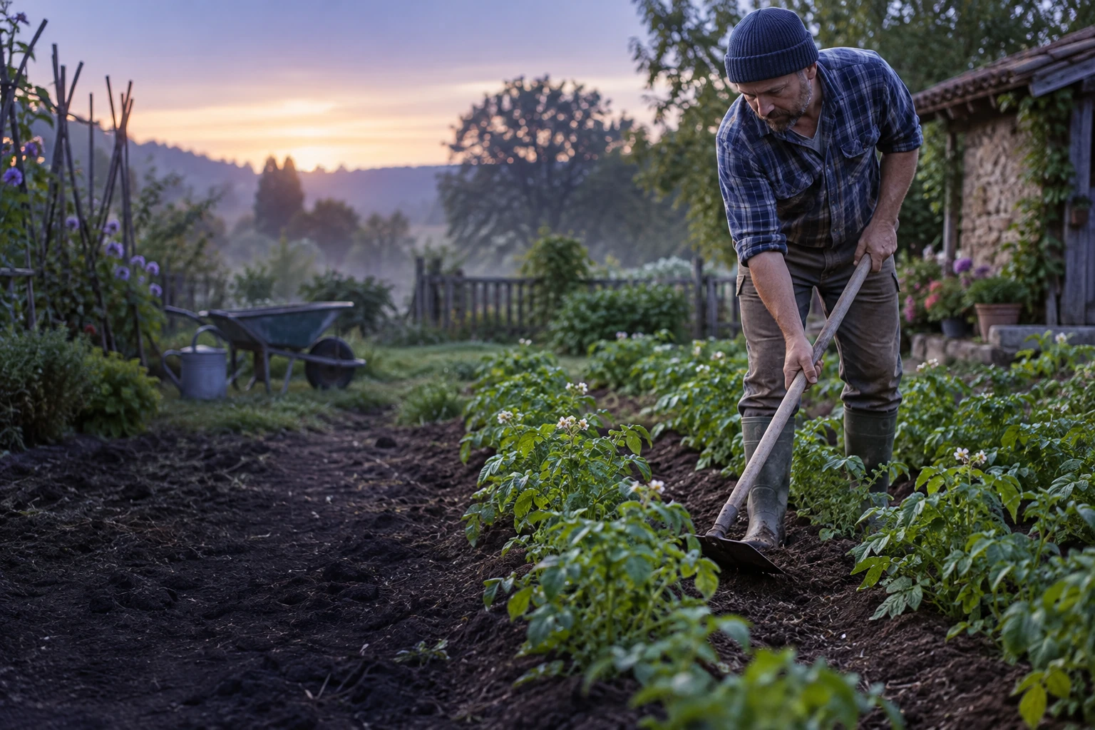 Jardinier ramenant la terre au pied de plants de pommes de terre avec une binette, potager au petit matin