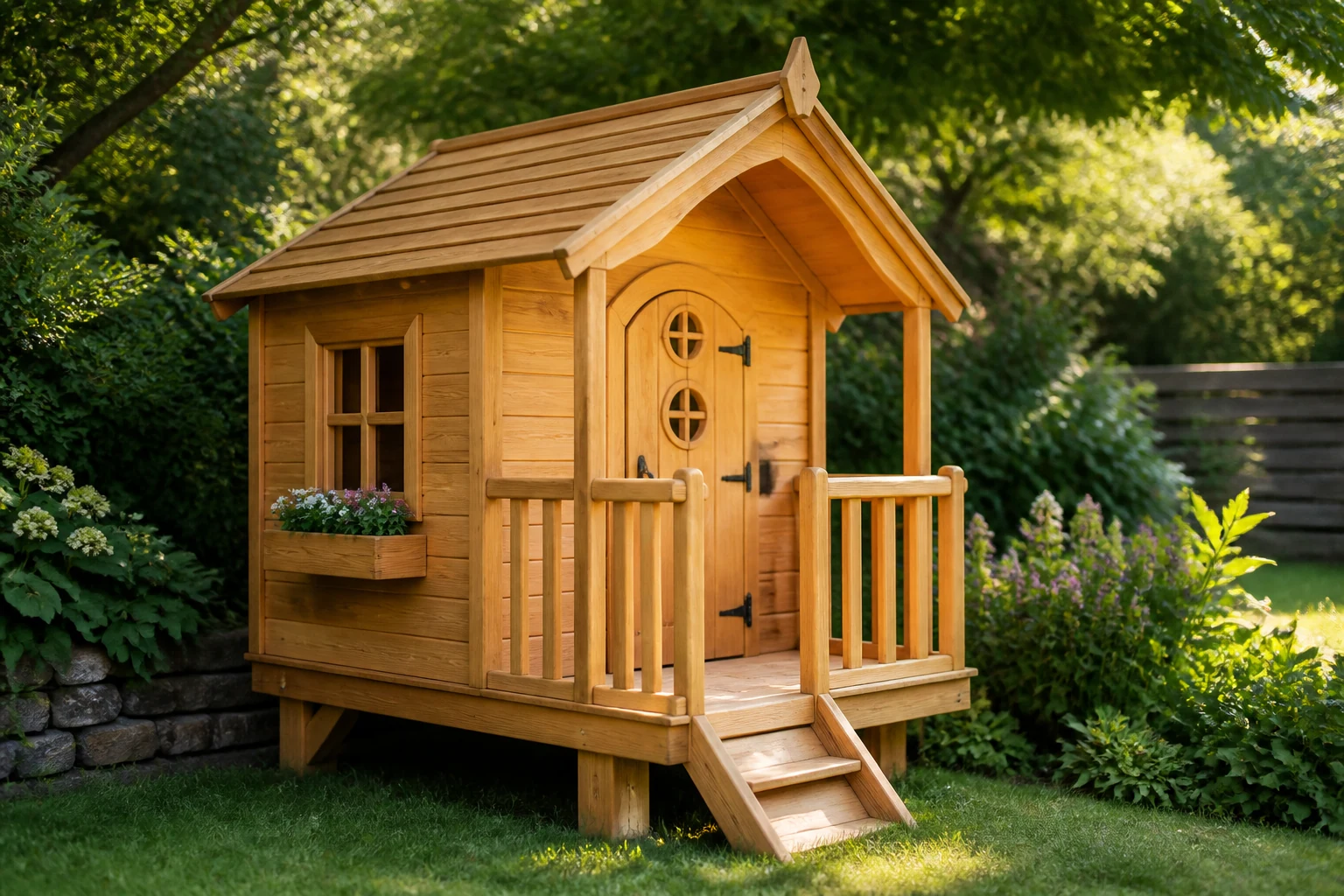 Cabane enfant en bois installée dans un jardin avec porte et fenêtres