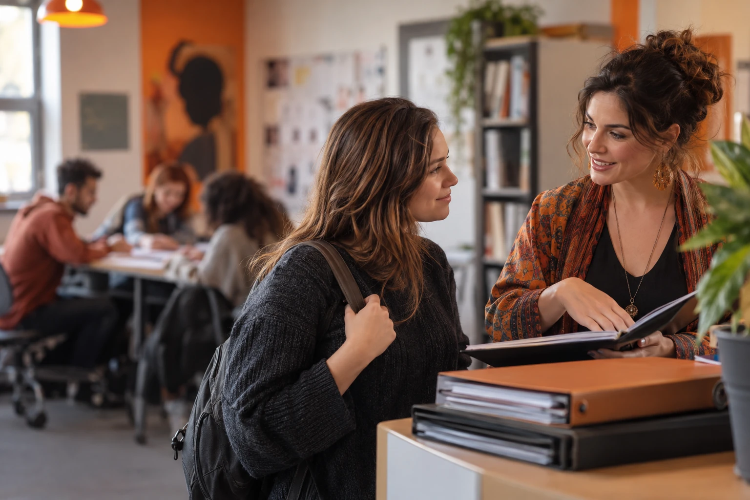 Auditrice échangeant avec la responsable d'un organisme de formation devant des classeurs, salle de formation en arrière-plan