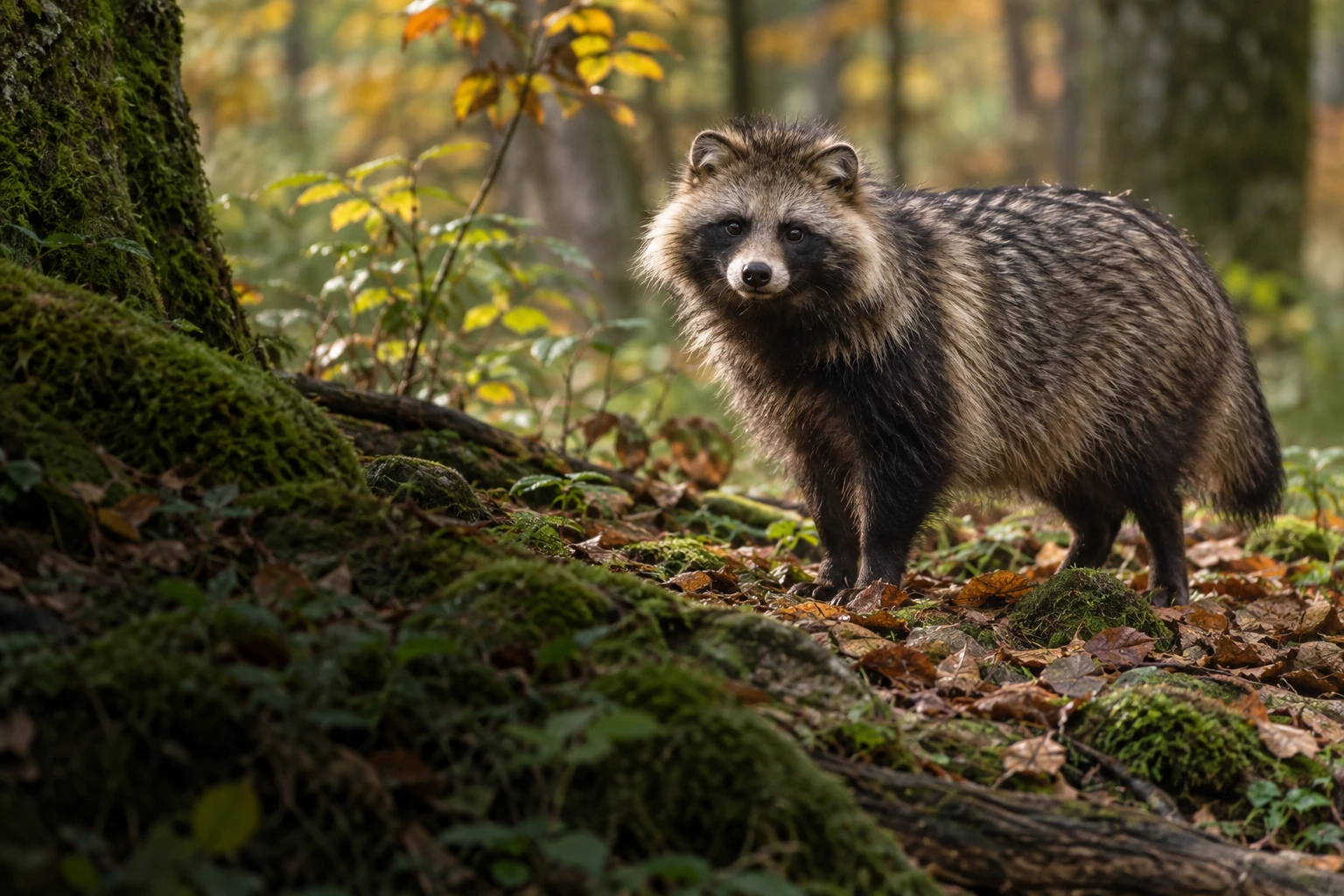 Chien viverrin au masque facial sombre dans une forêt d'automne