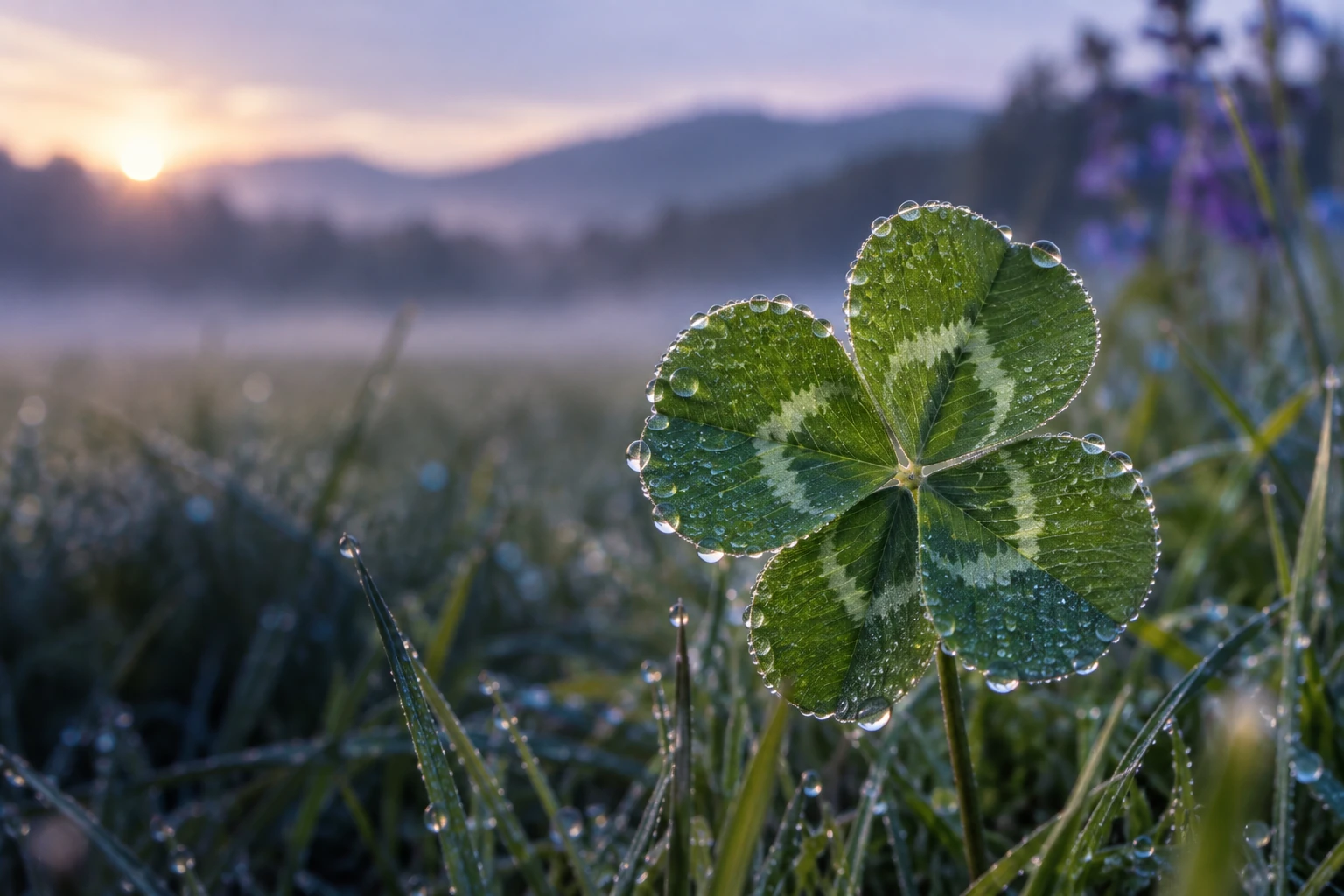 Trèfle à quatre feuilles en gros plan dans une prairie, rosée du matin
