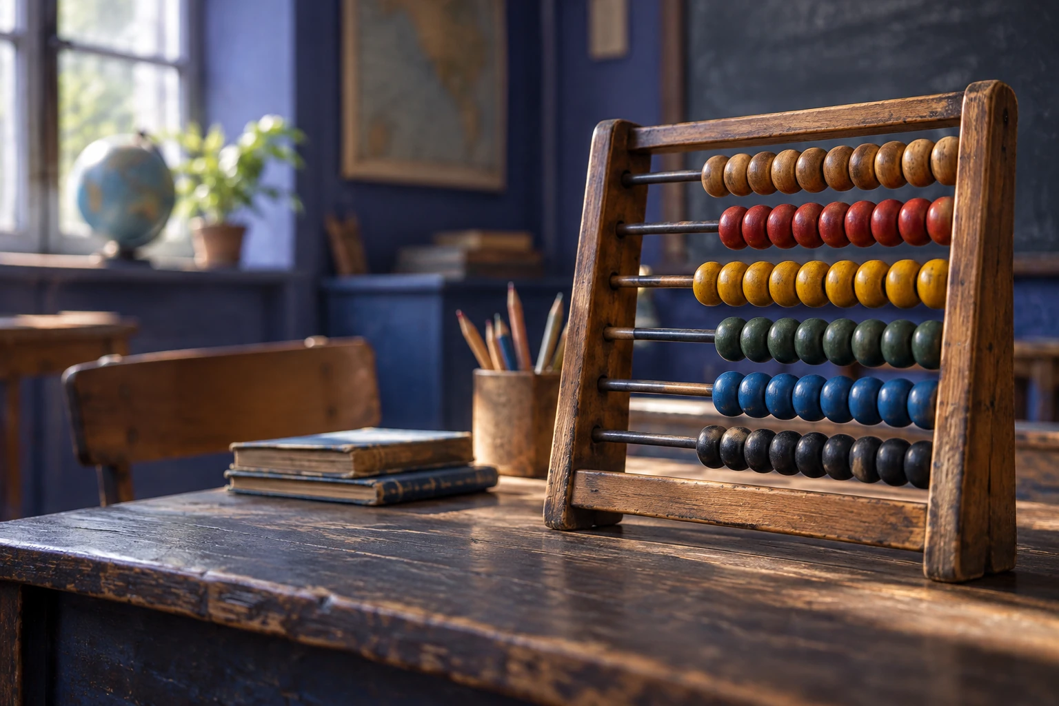 Boulier ancien en bois aux perles colorées sur un bureau d'écolier