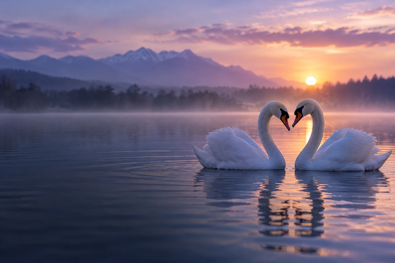 Deux cygnes face à face sur un lac calme au lever du soleil