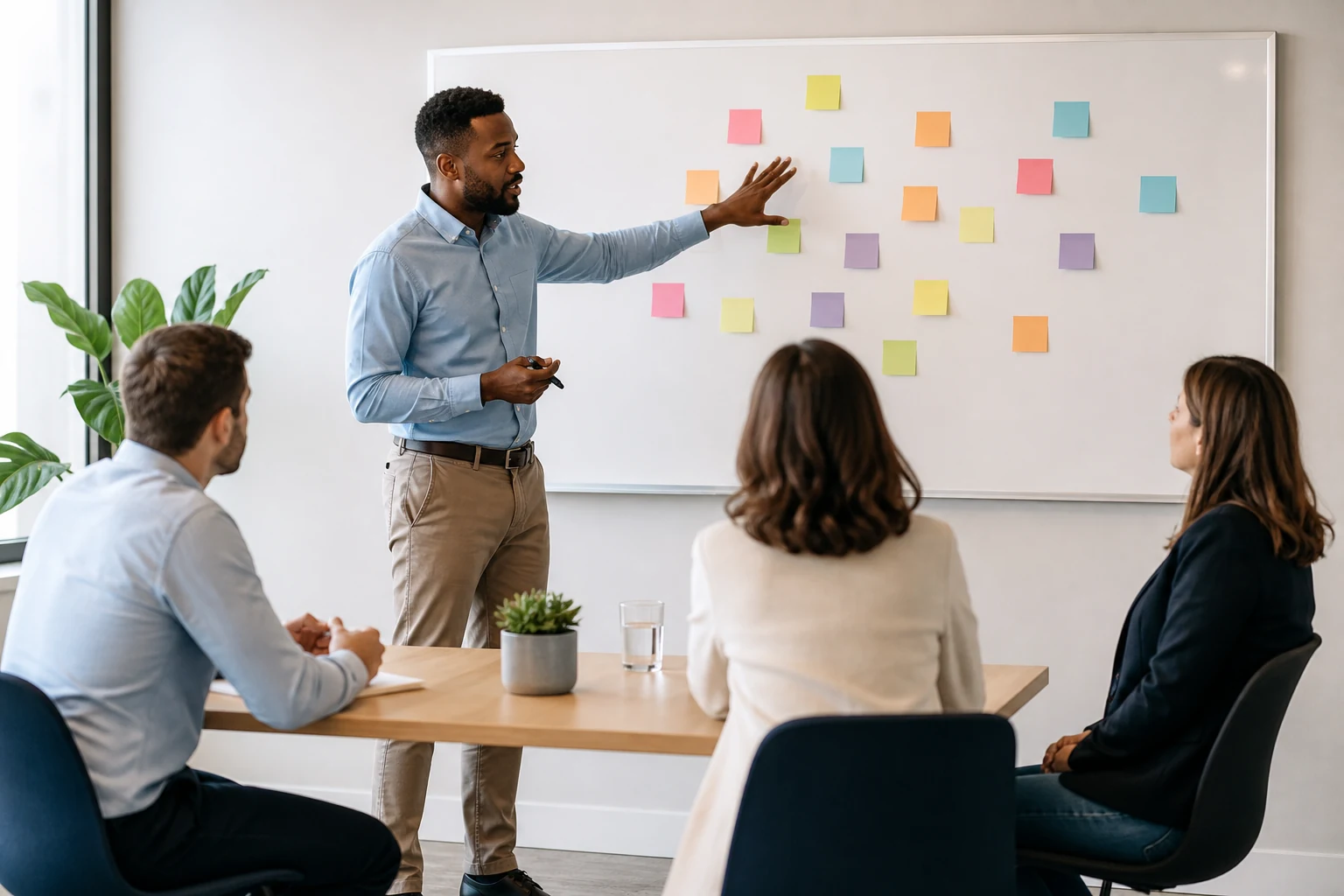 Un consultant en organisation analyse les process dune entreprise devant un tableau