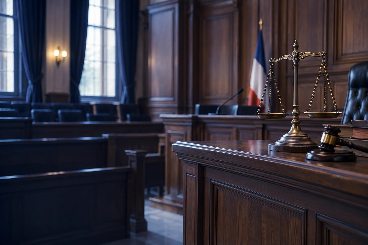 Salle d'audience vide d'un tribunal, boiseries, balance de la justice en bronze sur le pupitre