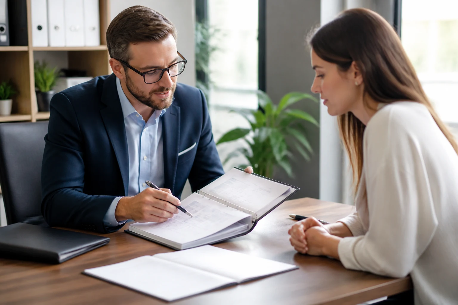 Courtier en assurance recevant un client pour comparer des contrats