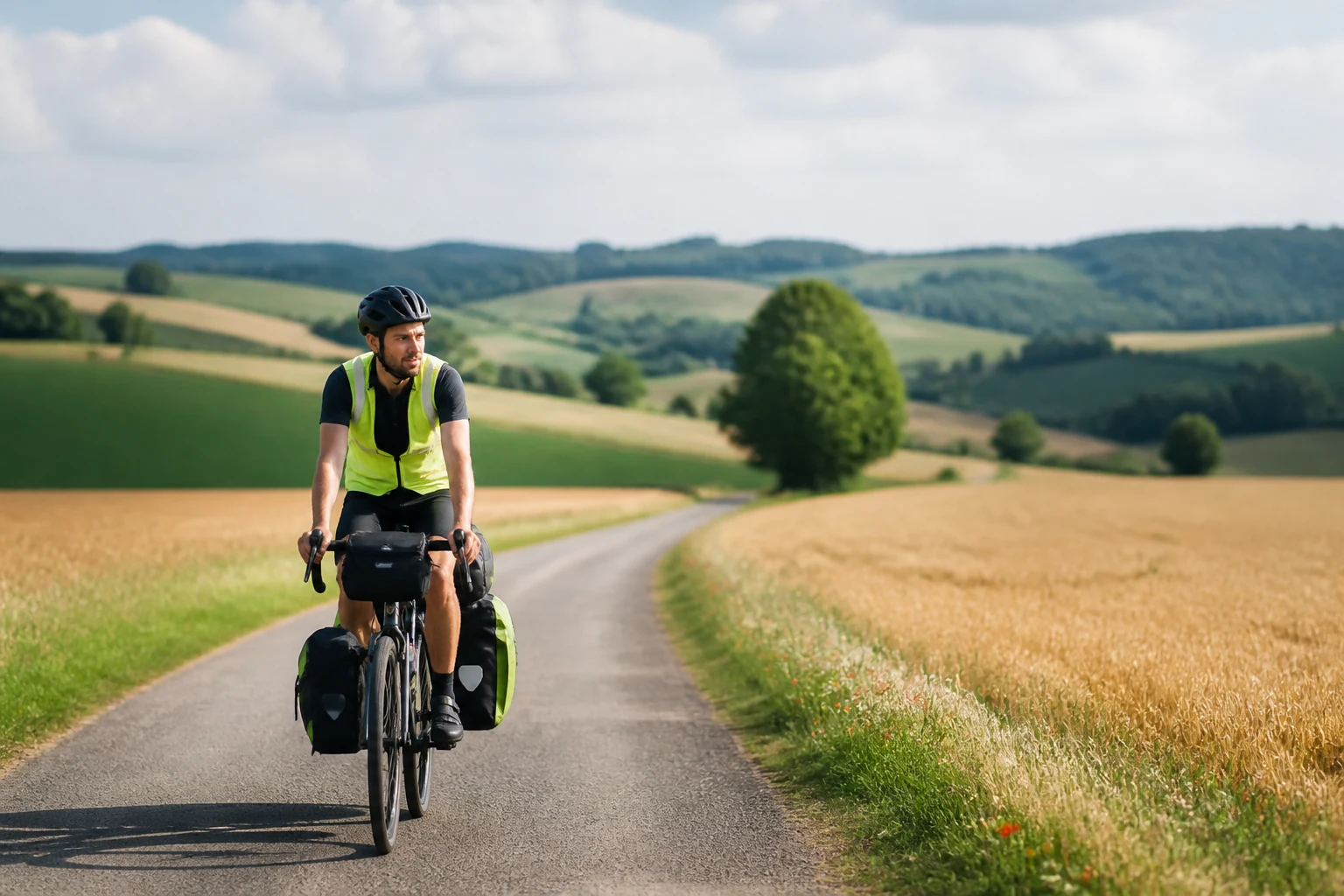 Cyclotourisme : voyageur à vélo chargé de sacoches sur une véloroute au bord d'un fleuve