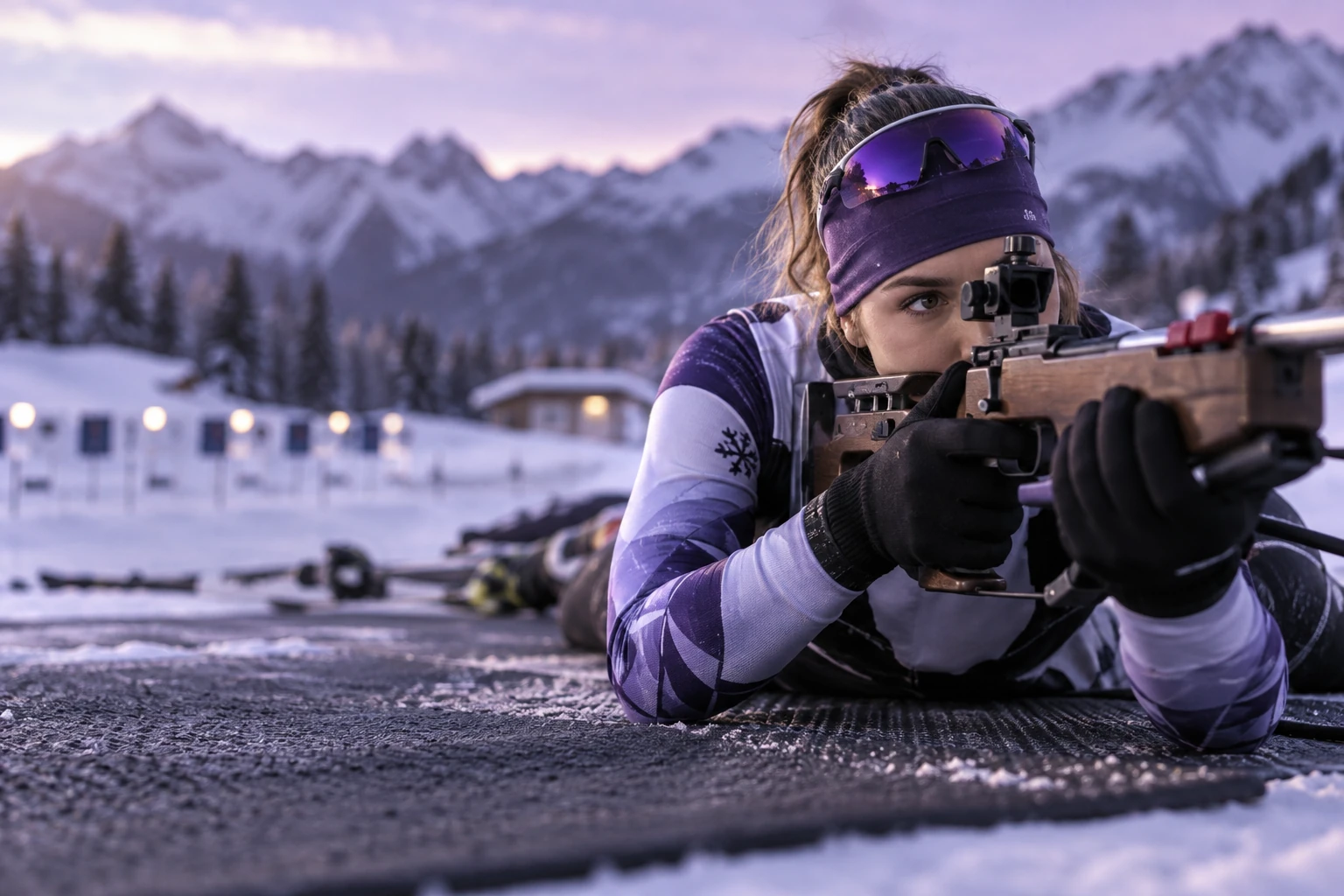 Biathlète en position de tir couché sur un stand enneigé