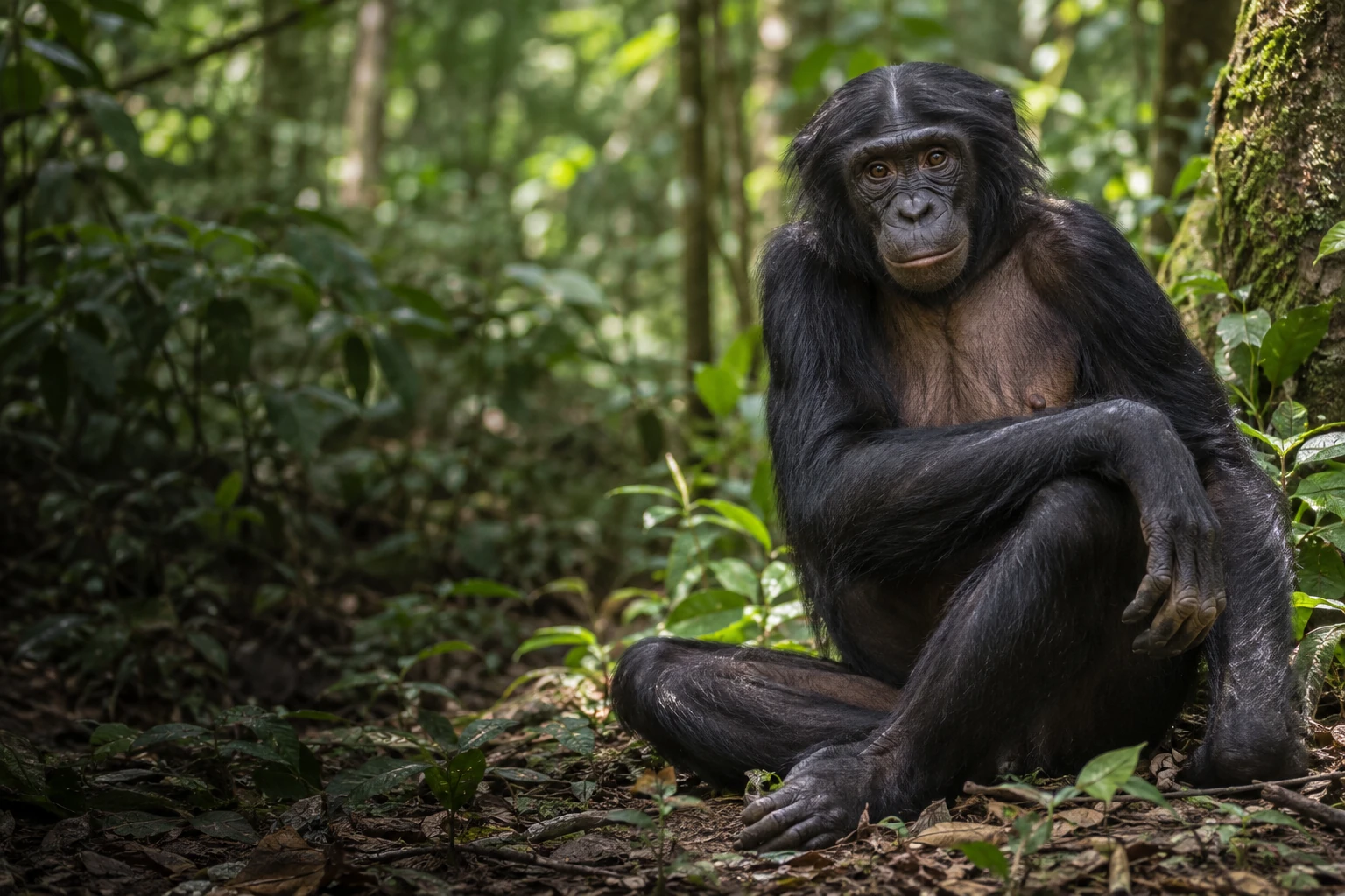 Bonobo assis dans la forêt du bassin du Congo