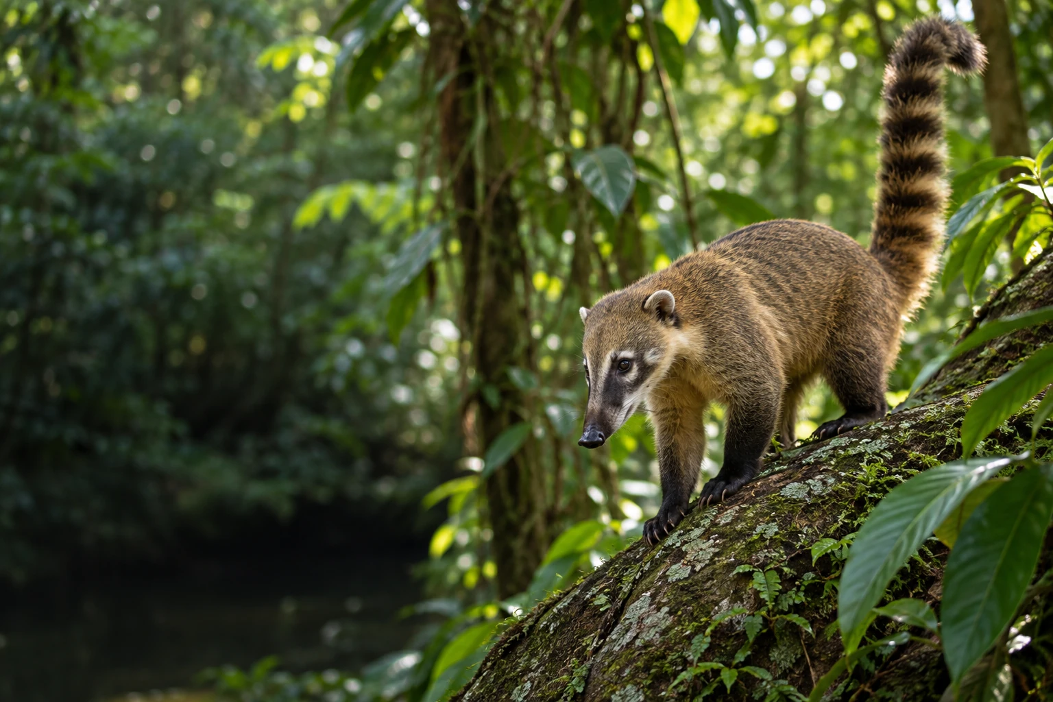 Coati à long nez et queue annelée sur un tronc en forêt tropicale