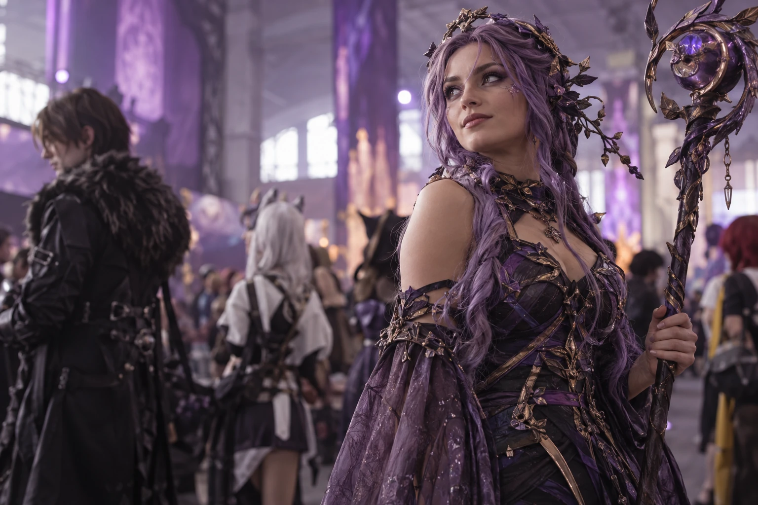 Cosplayeurs en costumes originaux faits main dans une convention, aucun personnage existant