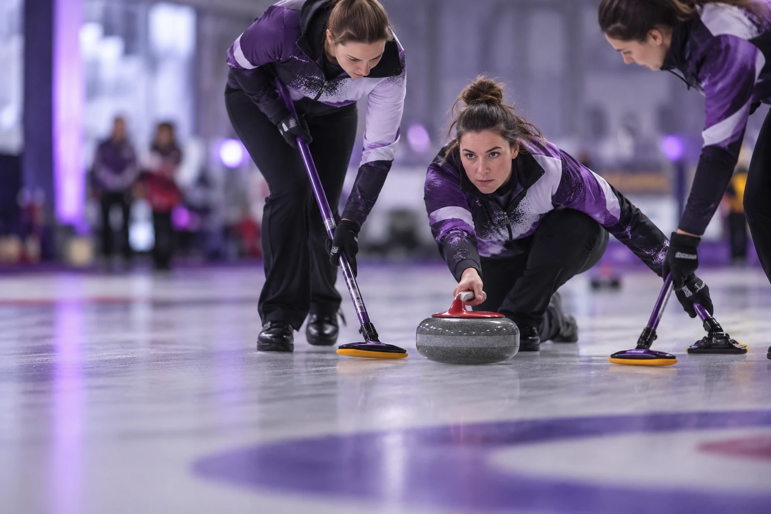 Joueur de curling lançant une pierre sur la glace, partenaires balayant