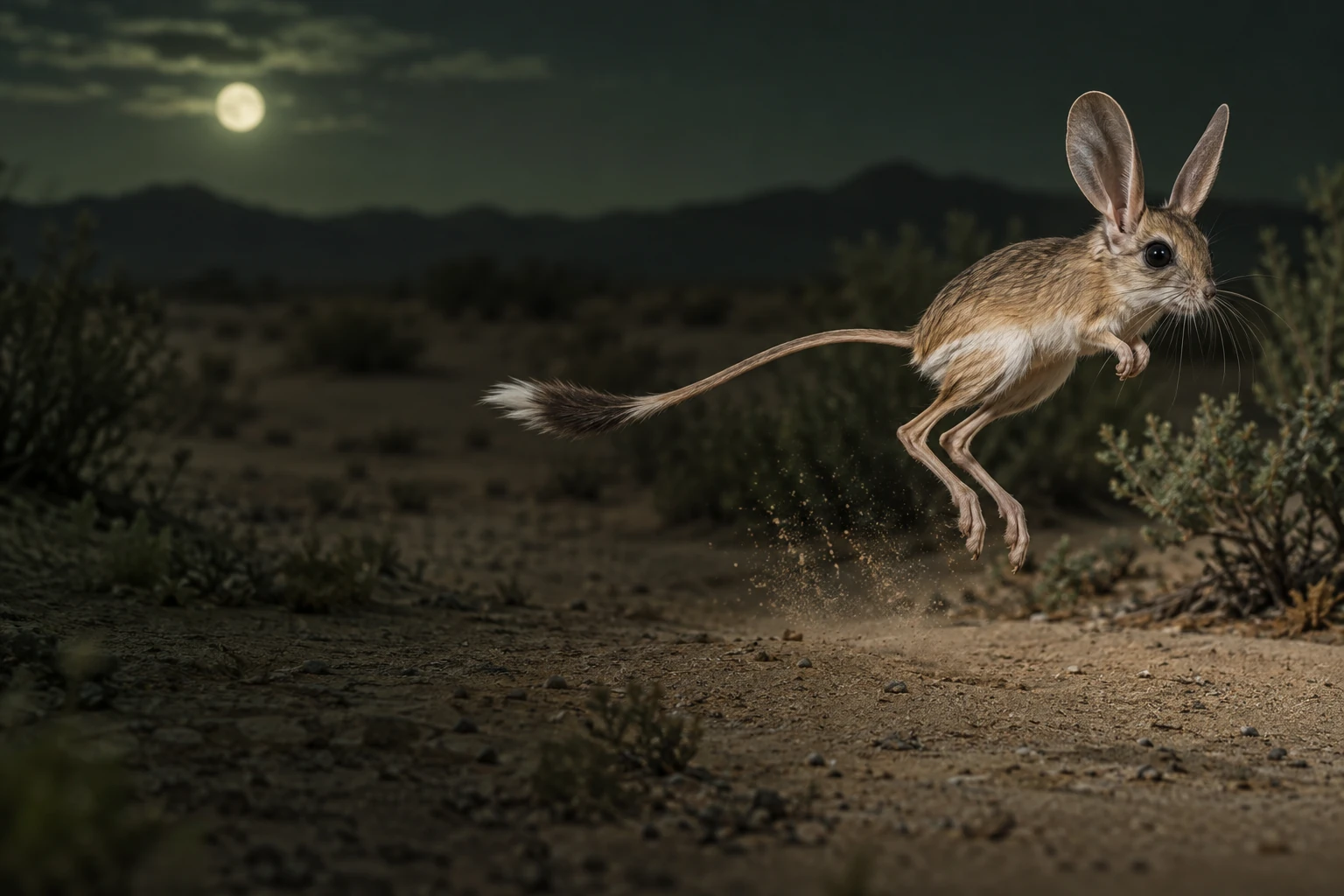 Gerboise bondissant sur le sable du désert la nuit
