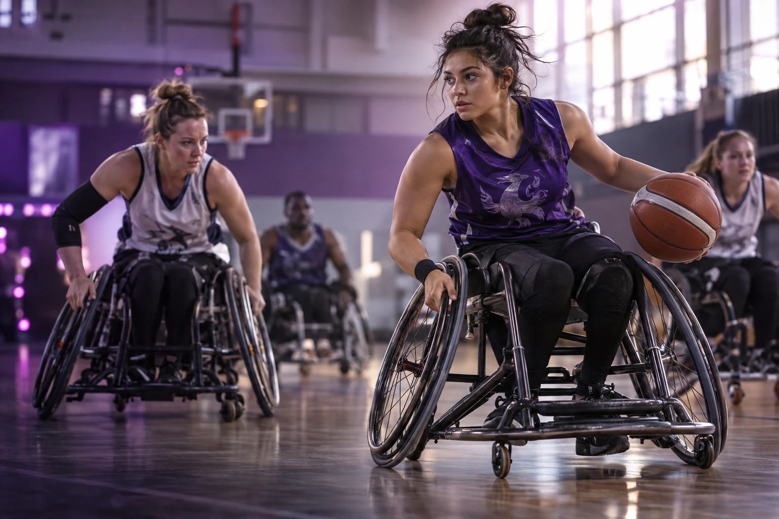 Athlètes en fauteuil roulant disputant un match de basket dans un gymnase