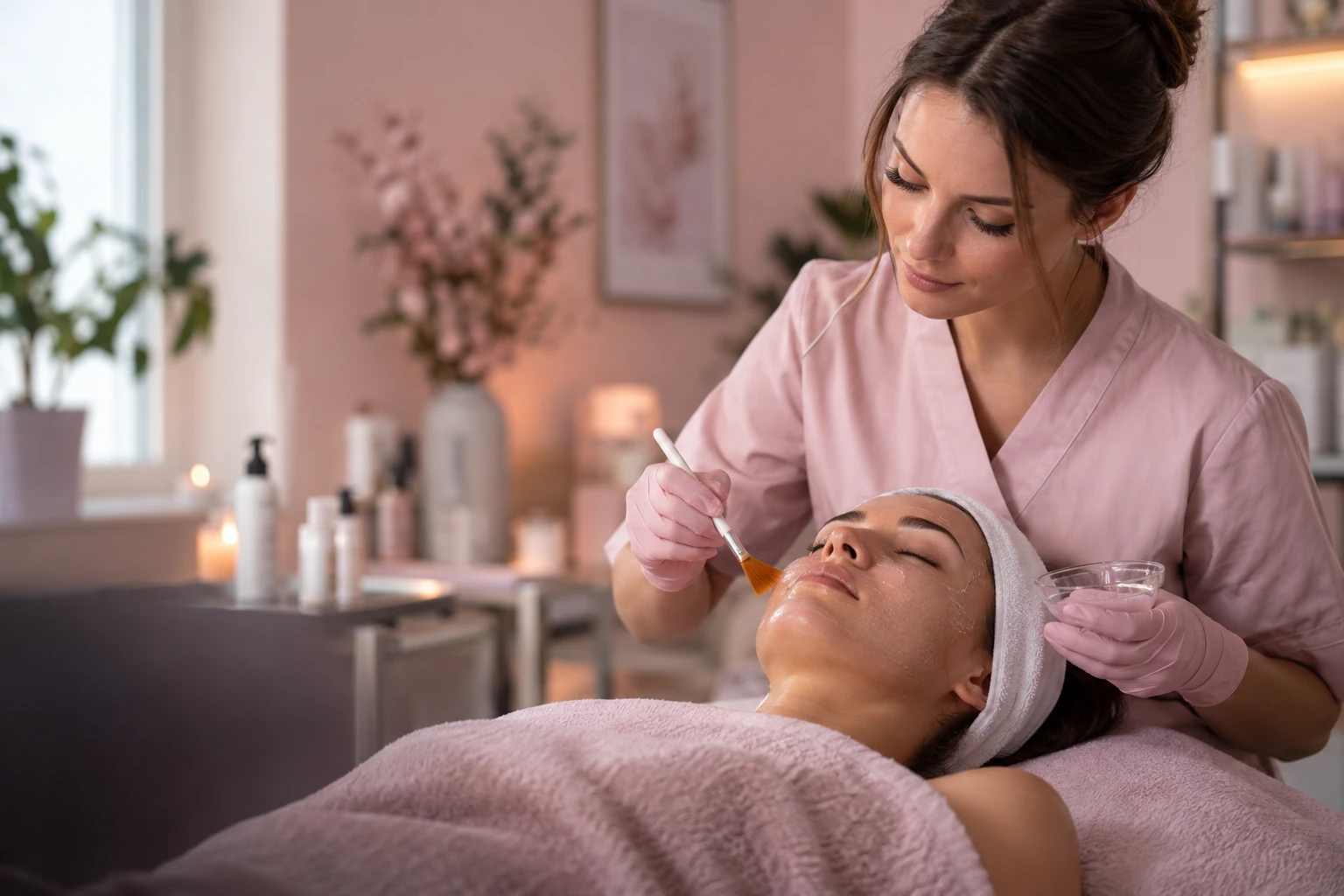 Esthéticienne appliquant une solution de peeling au pinceau sur le visage d'une cliente