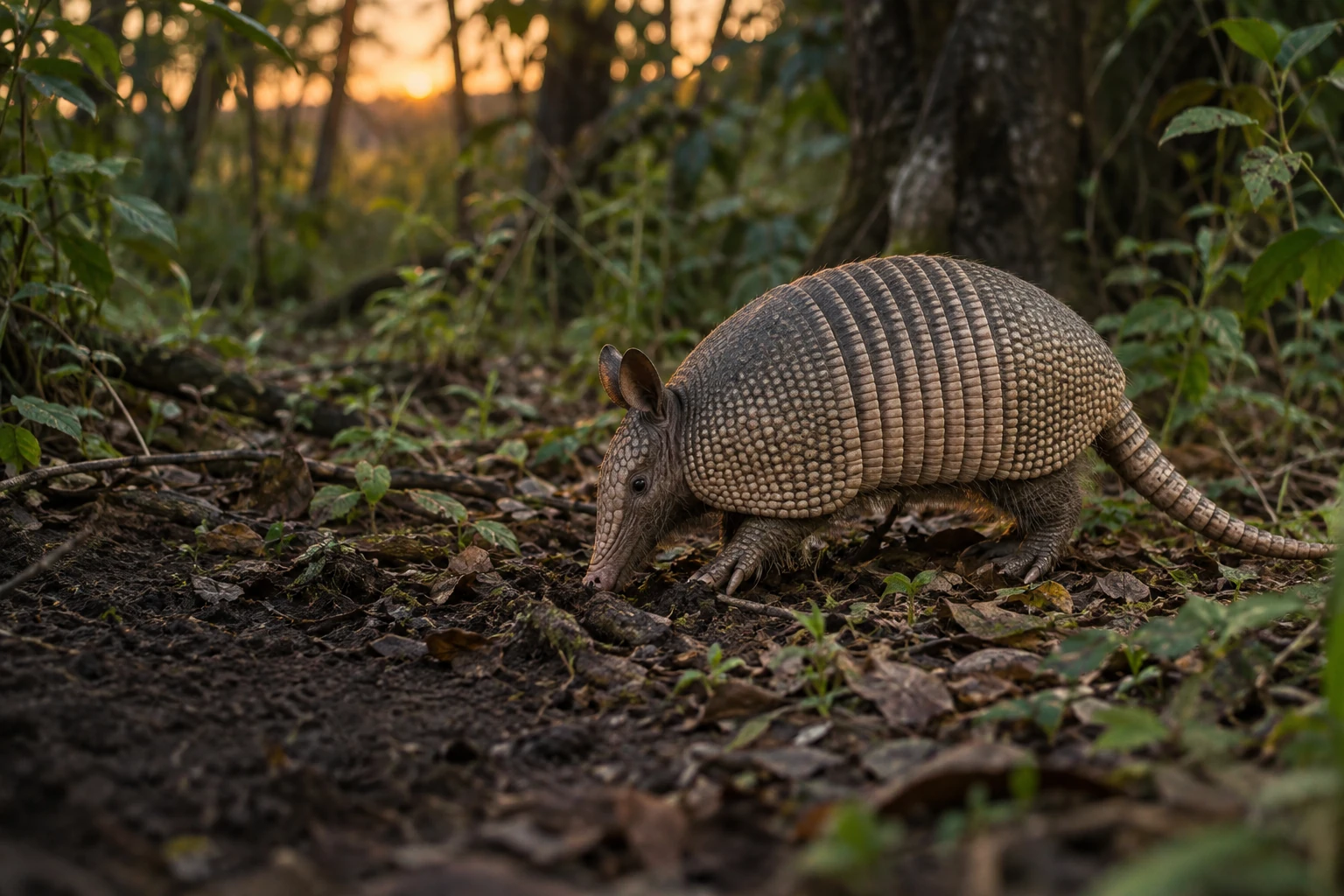 Tatou à neuf bandes fouillant le sol d'un sous-bois au crépuscule