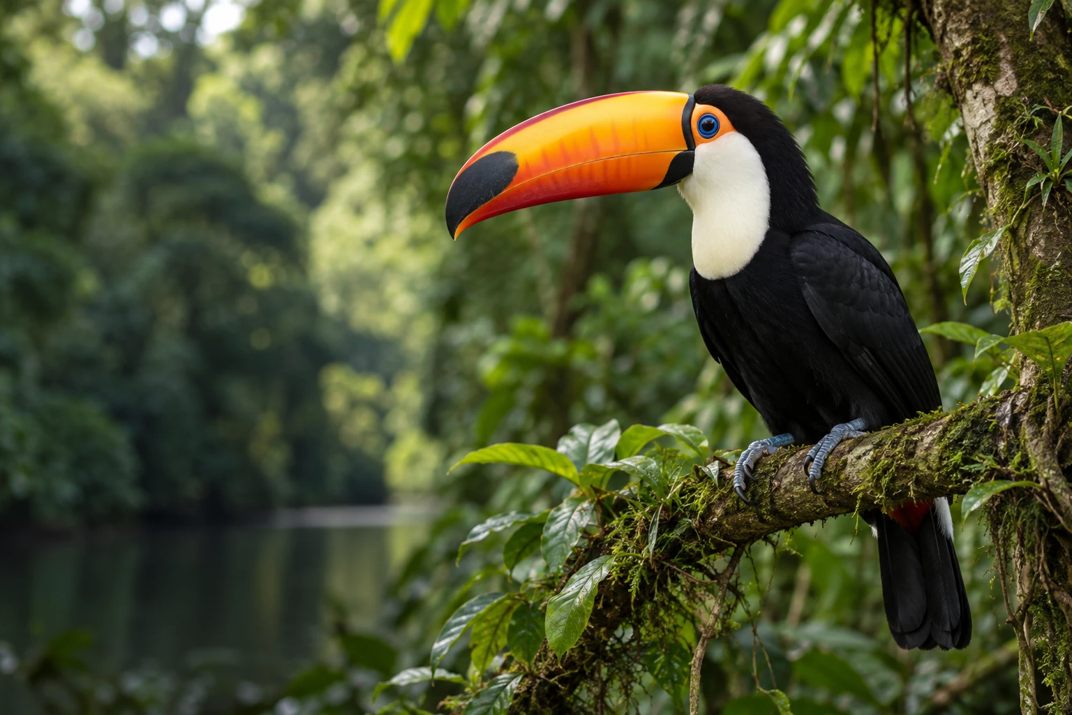 Toucan toco au grand bec orangé perché en forêt amazonienne