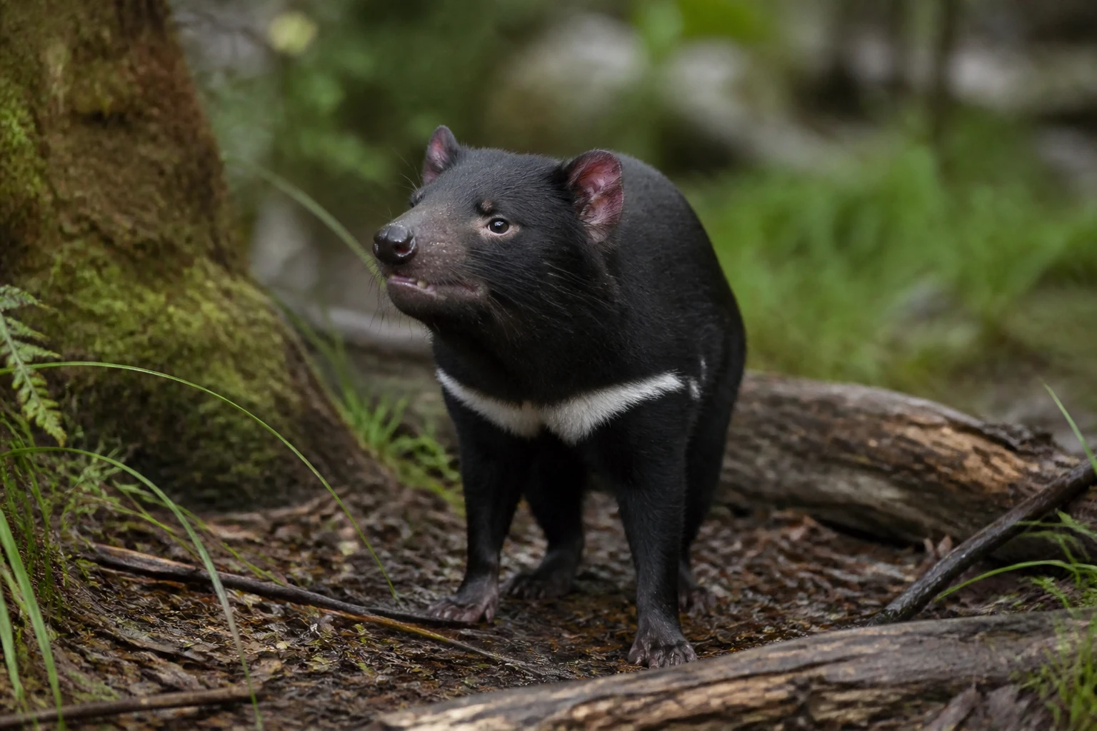 Un diable de Tasmanie au pelage noir dans son habitat naturel