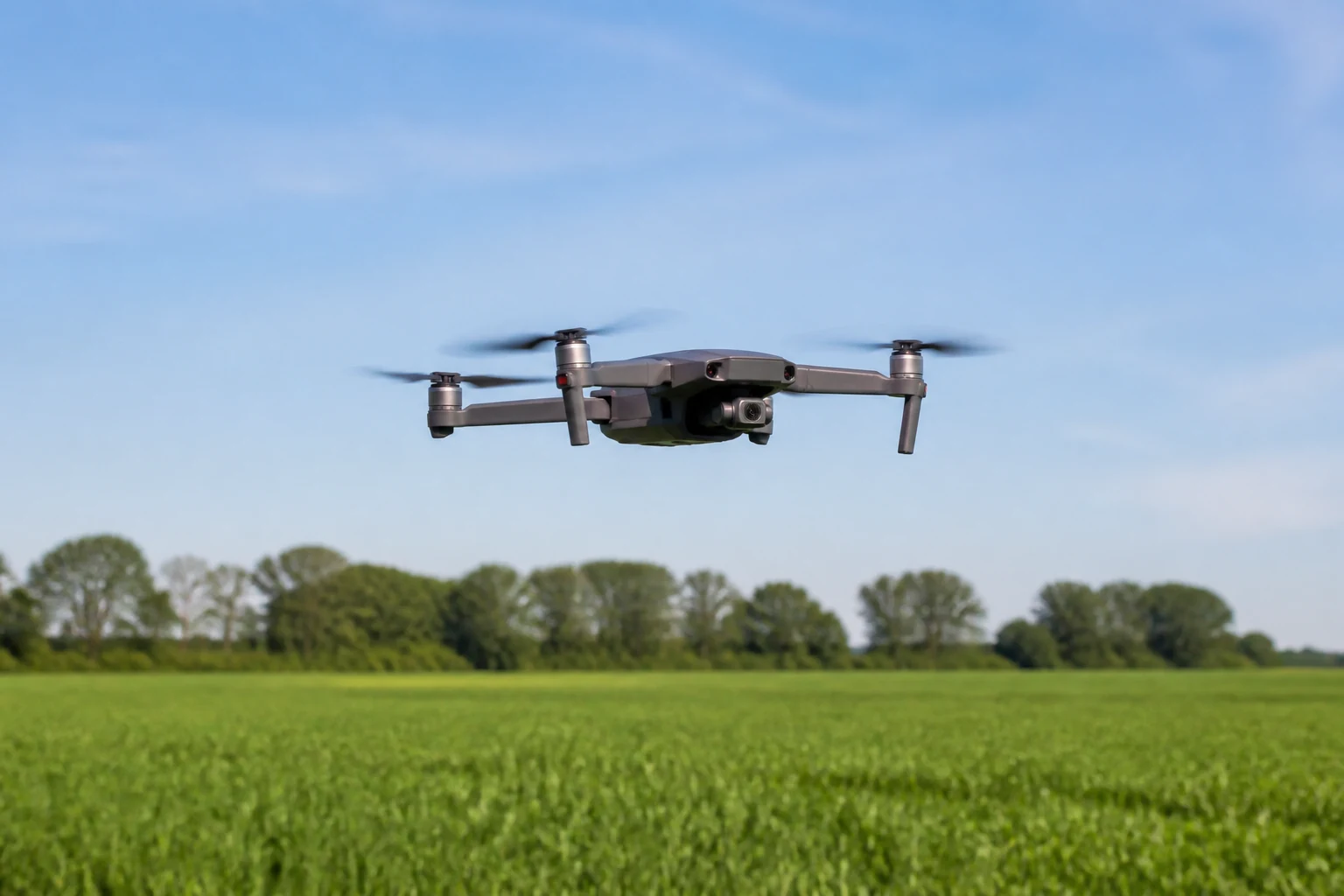 Un drone quadricoptère de loisir en vol stationnaire au-dessus d'un paysage