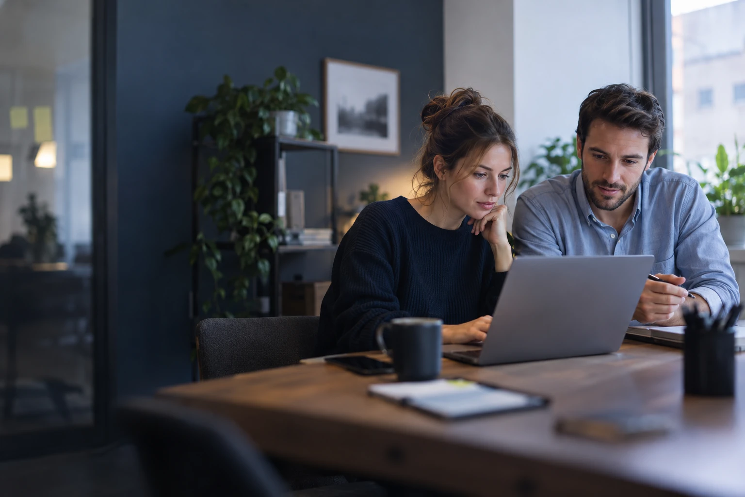 Deux associés travaillant côte à côte sur un ordinateur portable dans un petit bureau
