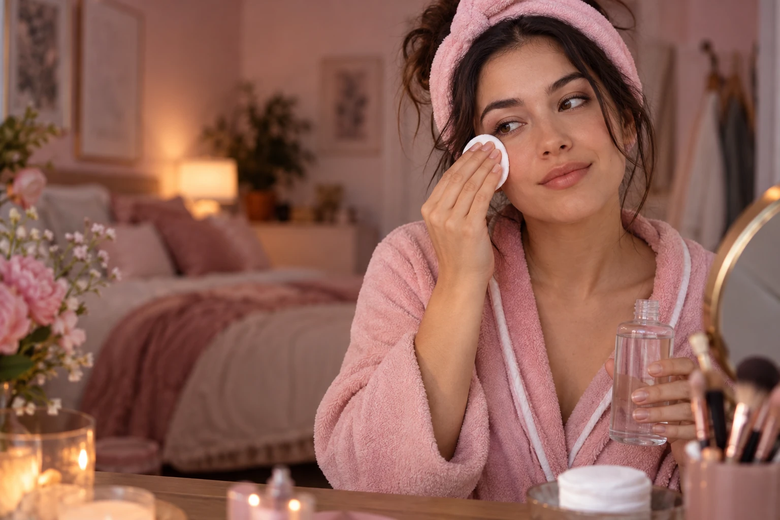 Femme se démaquillant avec un coton imbibé d'eau micellaire, flacon transparent posé à côté
