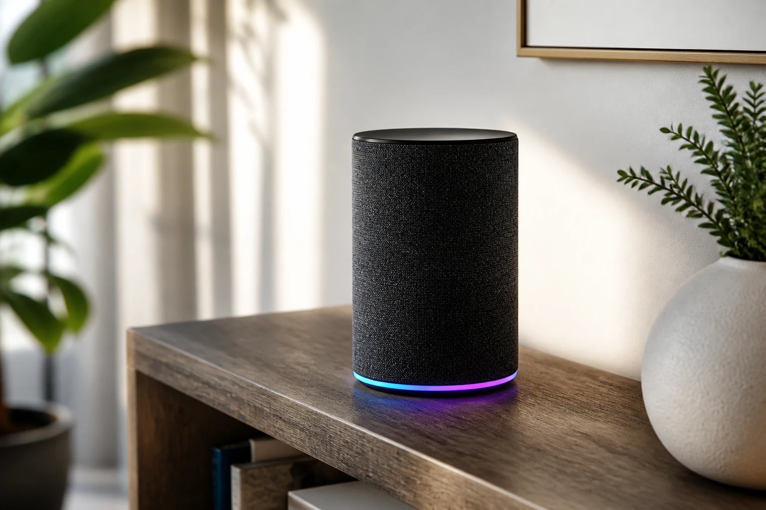 Enceinte connectée posée sur un meuble du salon, haut-parleur intelligent à assistant vocal