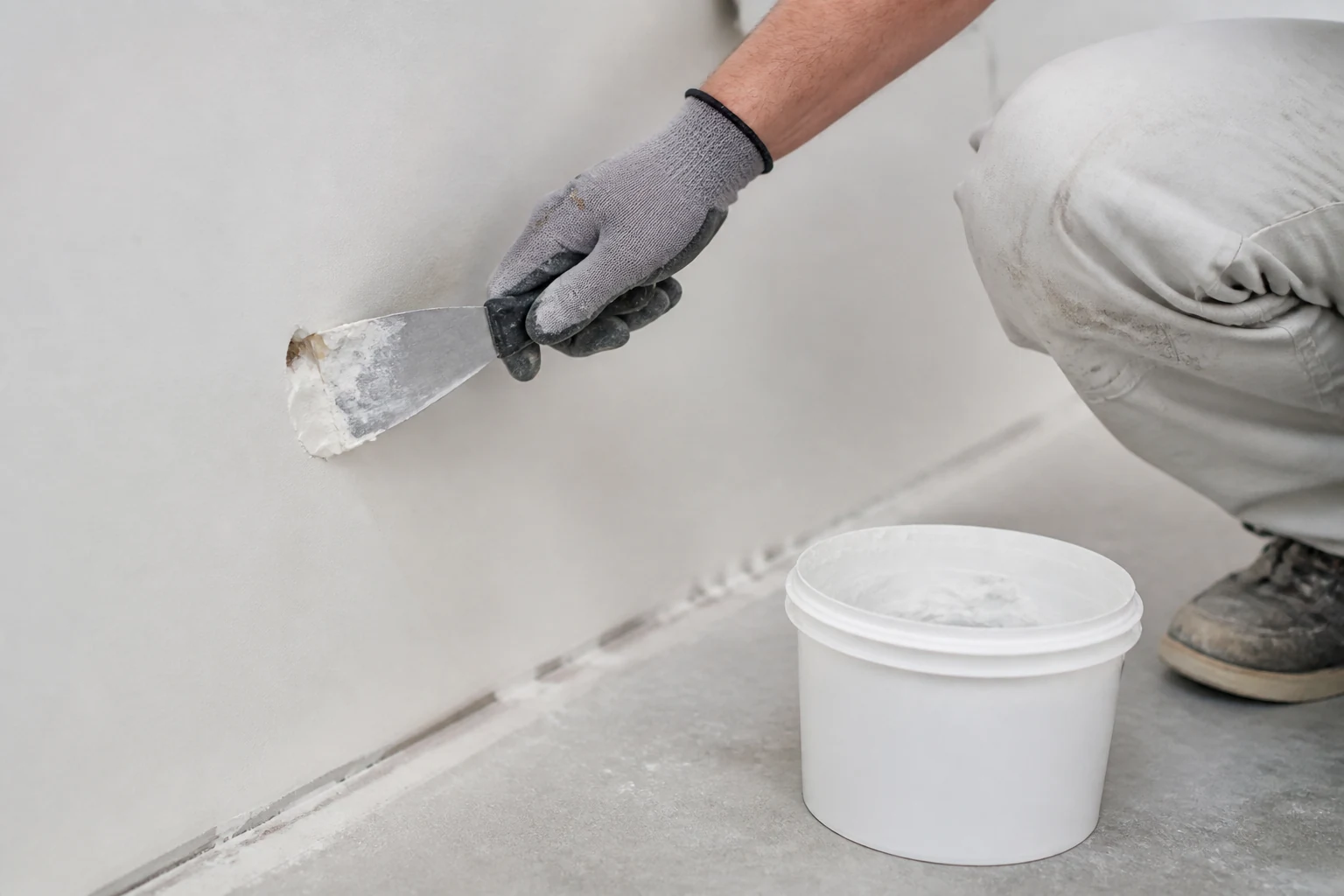 Application d'un enduit de rebouchage au couteau sur un mur fissuré avant peinture