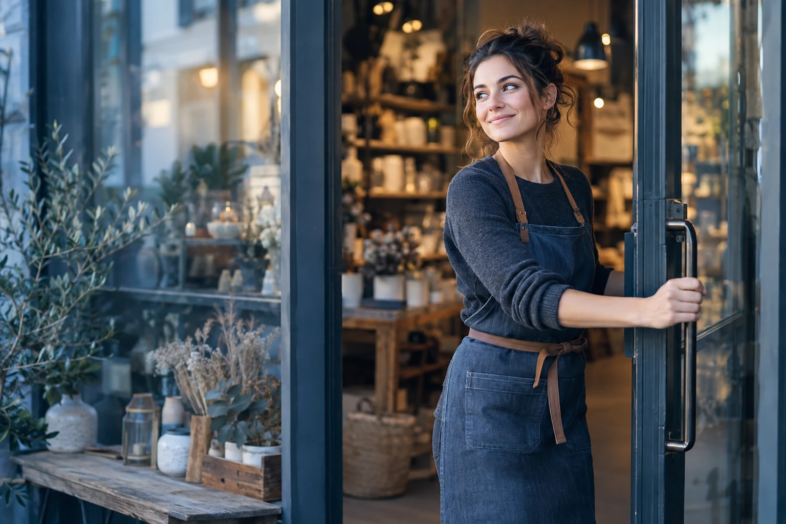 Jeune entrepreneuse ouvrant la porte de sa boutique un matin
