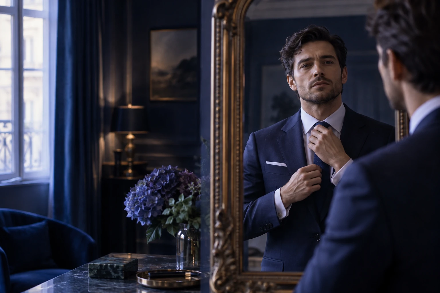 Homme élégant ajustant sa cravate devant un miroir ancien, costume impeccable