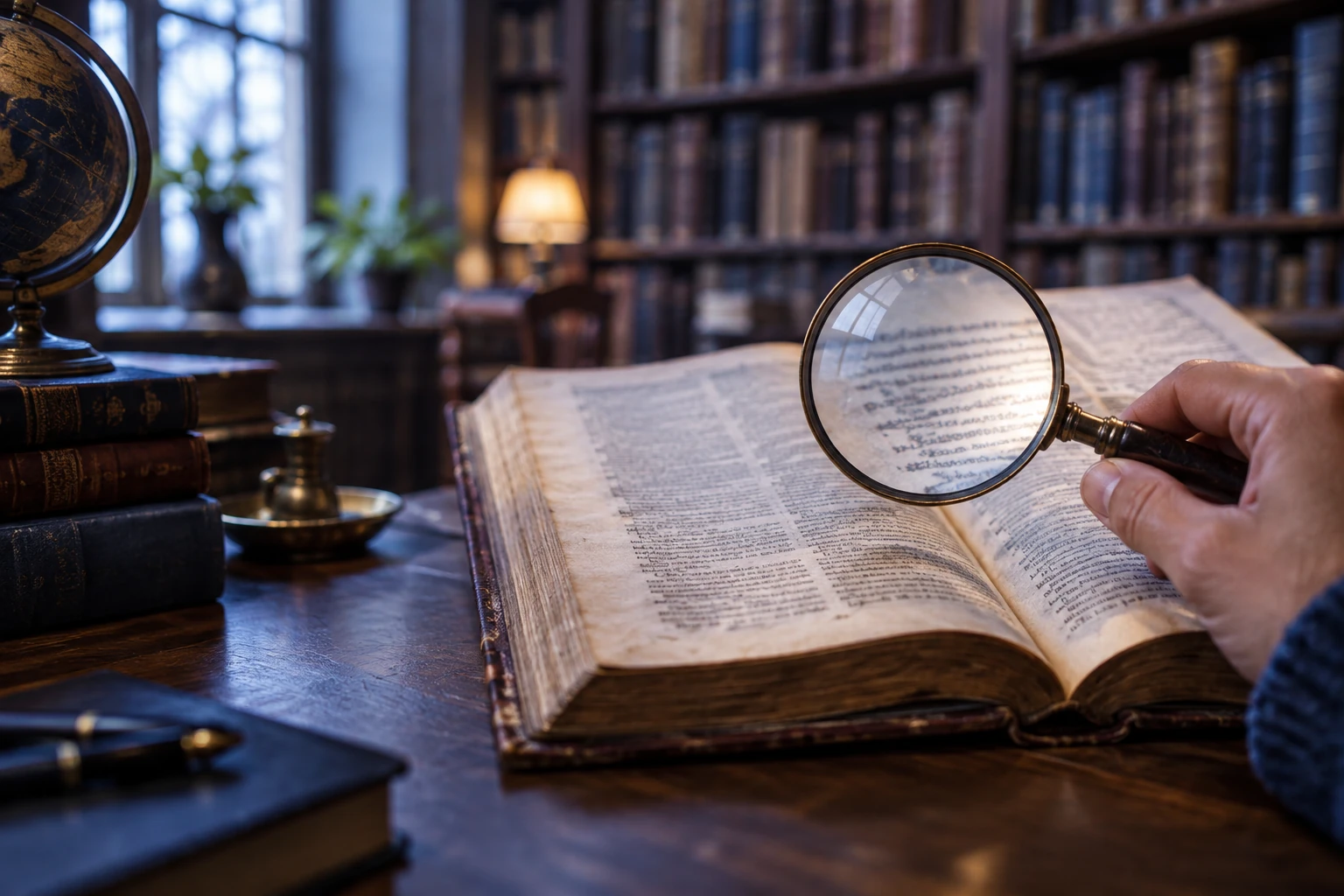 Vieux dictionnaire ouvert sous une loupe, pages illisibles, bibliothèque en arrière-plan