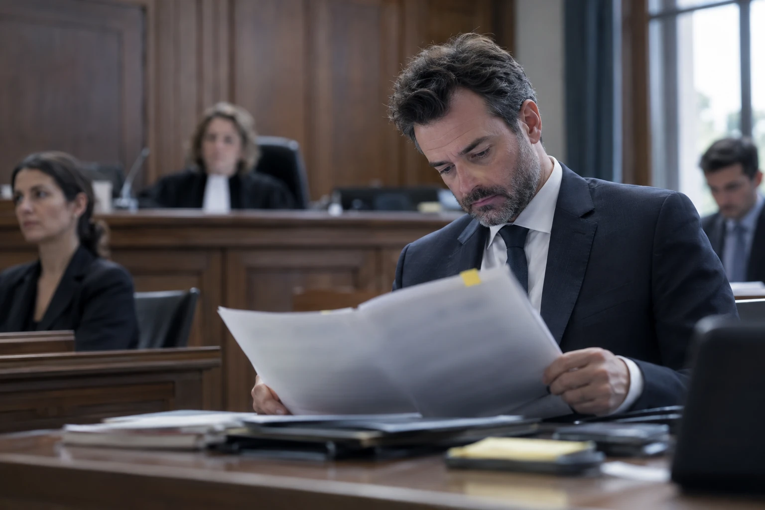 Expert examinant un dossier technique dans une salle d'audience boisée