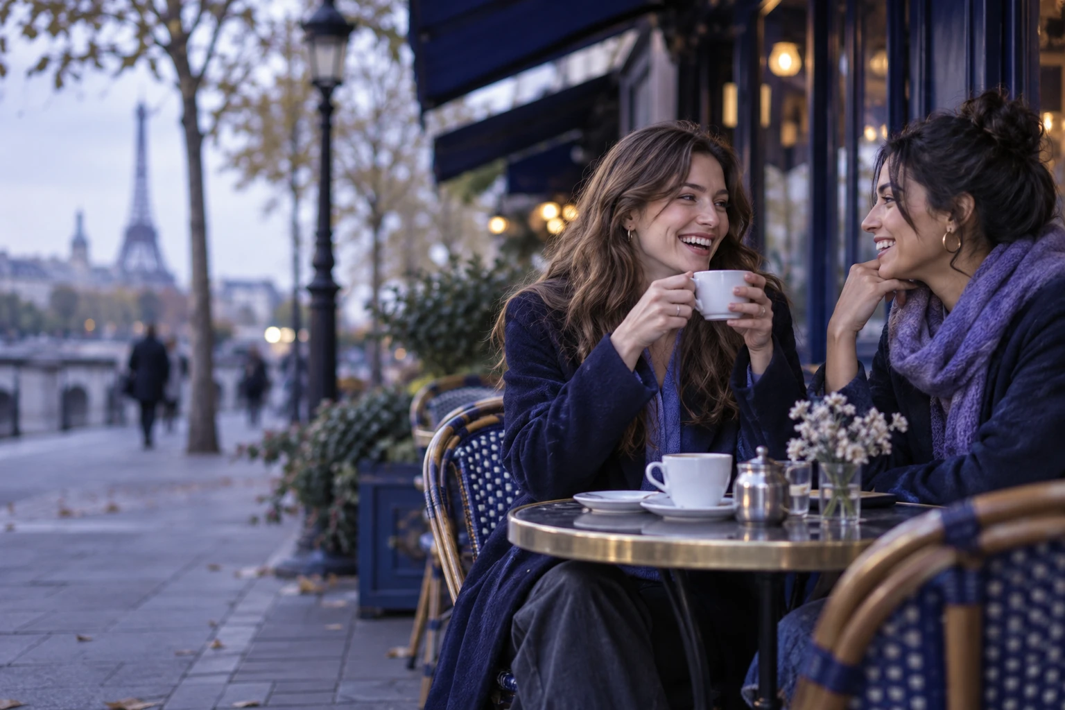 Deux amies qui rient en discutant à une terrasse de café parisien