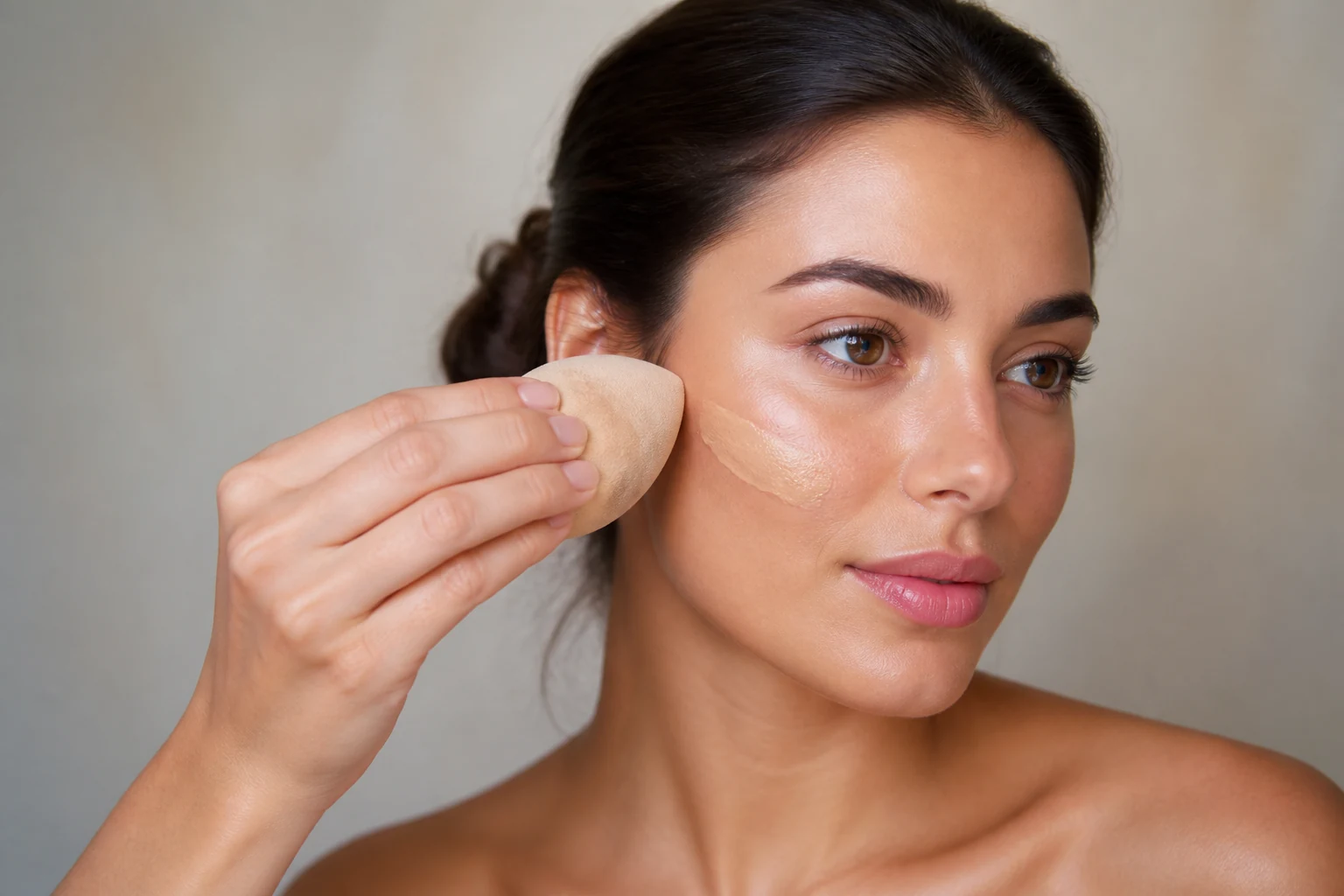Application d'un fond de teint fluide sur le visage pour unifier le teint