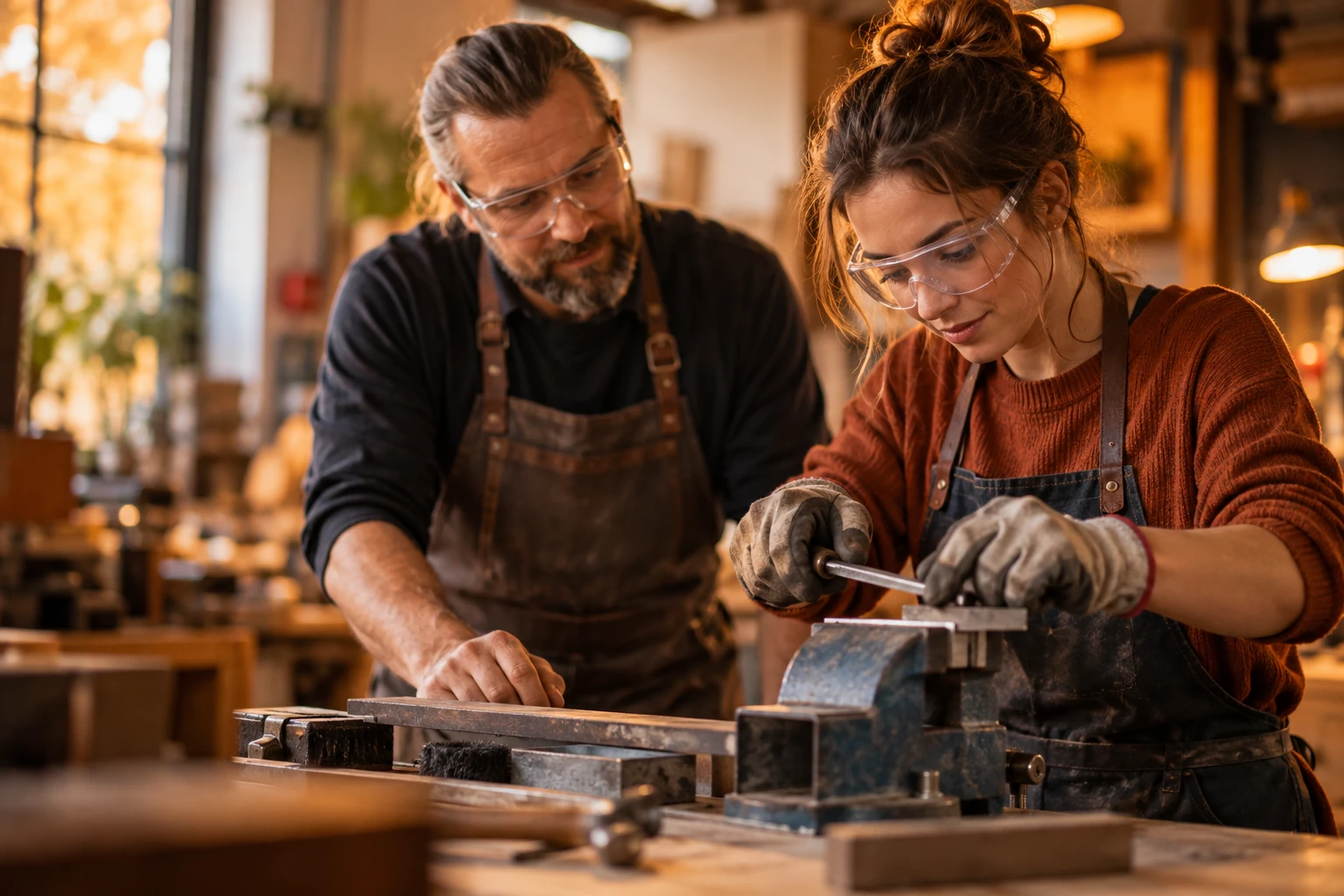 Adulte en reconversion apprenant un geste technique en atelier, formateur à ses côtés